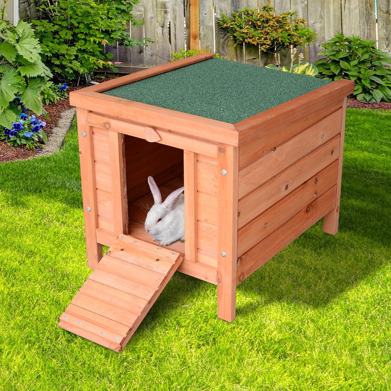 20" Wooden Rabbit Hutch with Weatherproof Roof and Ramp - Natural Wood