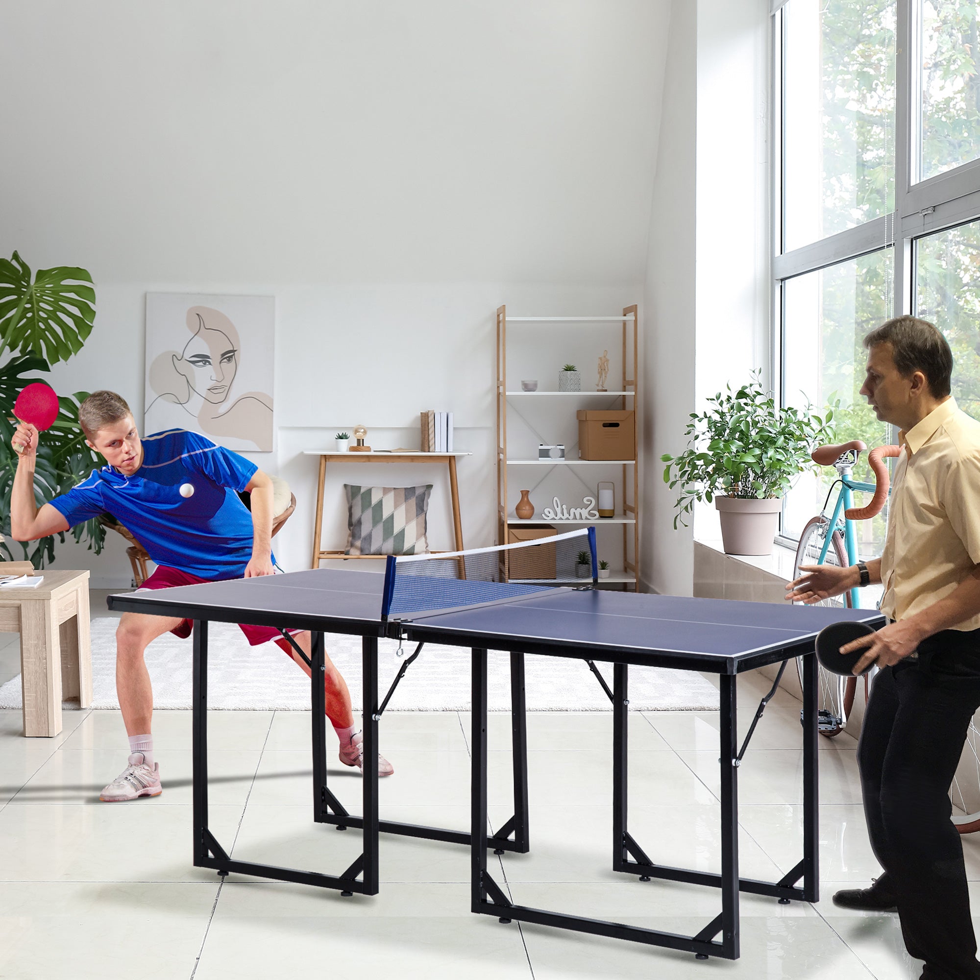 Folding Mini Table Tennis Set with Net - Black/Blue