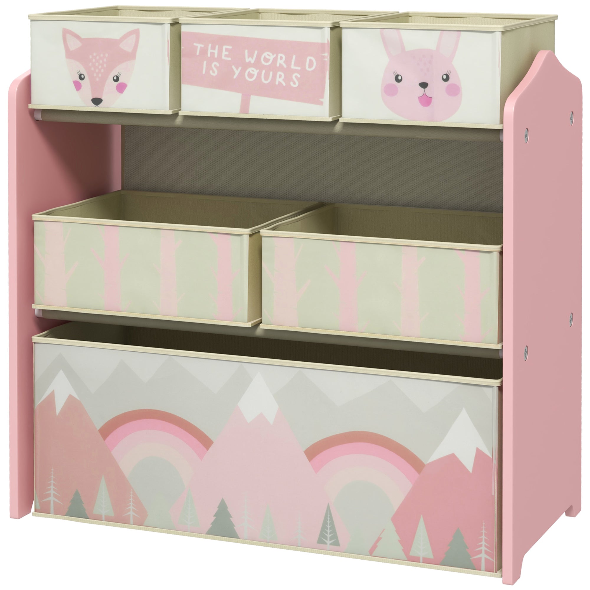 6 Piece Kids Storage Unit with Fabric Bins Toy Organiser - Pink