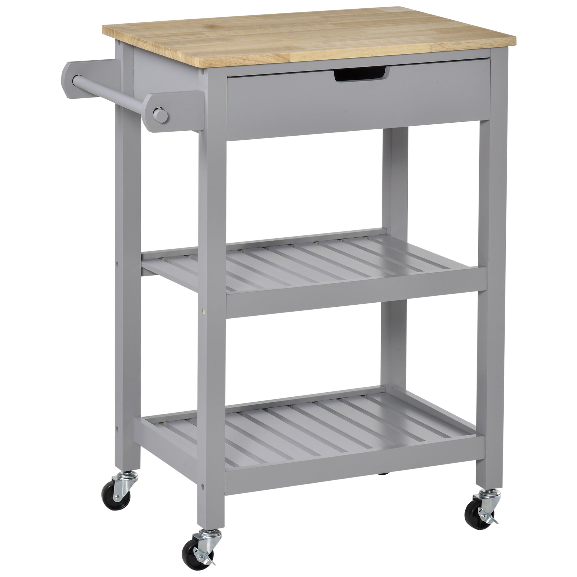 Kitchen Trolley Utility Cart with Rubberwood Worktop, Drawer, Shelves & Towel Rack - Grey