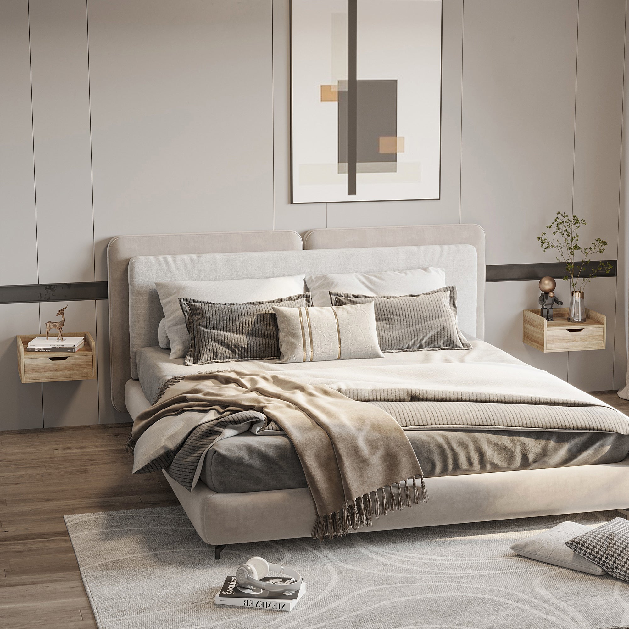 Set of 2 Modern Floating Bedside Cabinets with Drawer - Wood Effect