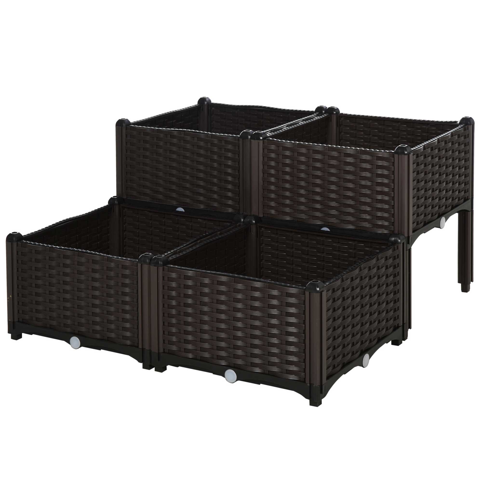 Set of 4 Self-Watering Raised Garden Bed Planters with Rattan-Effect - Brown