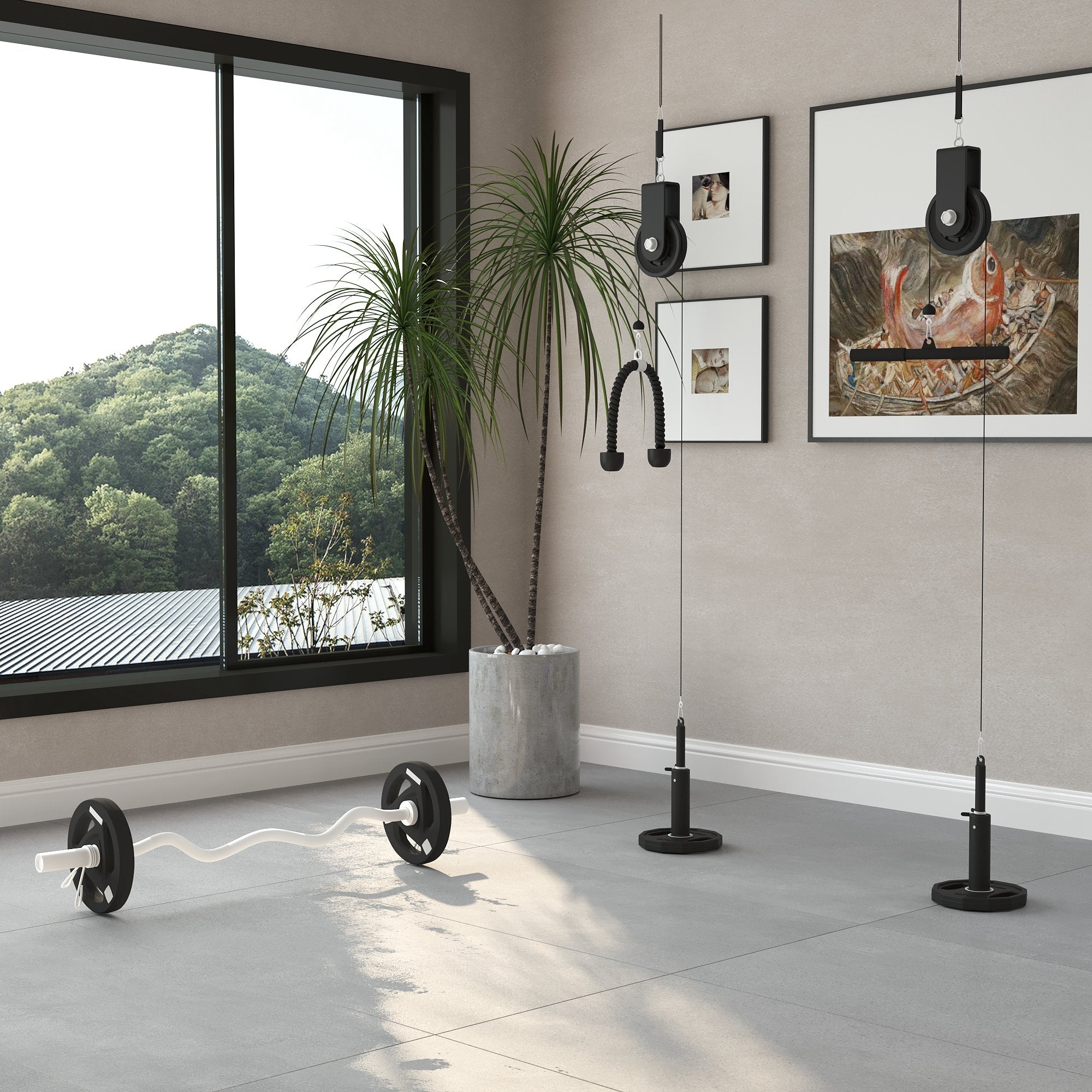 Cable Machine Pulley System w/ 2 x 5kg Olympic Weight Plates, Lat Pull Down System w/ DIY Loading Weight for Home Gym Training