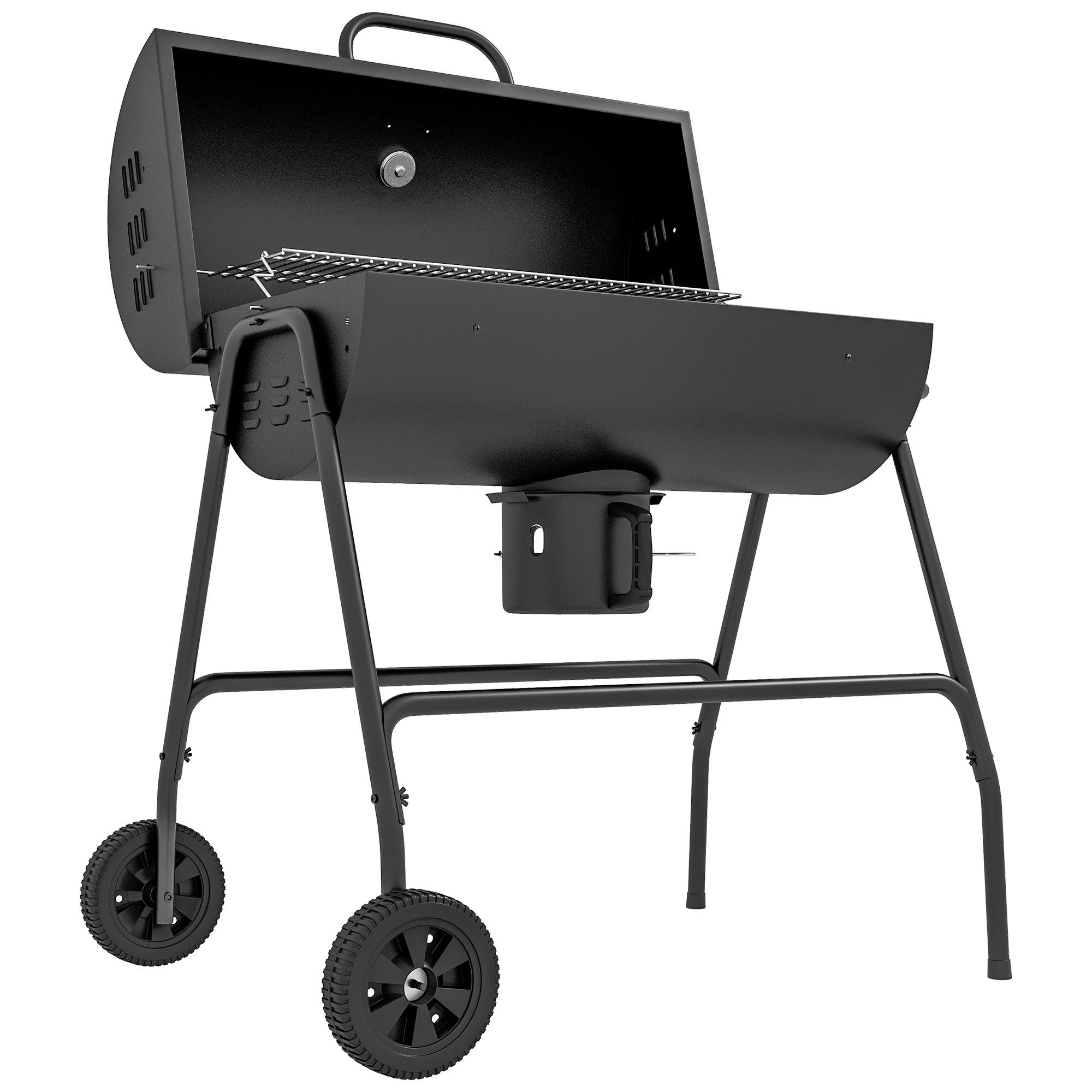Outdoor Wheeled Charcoal Barbecue Grill Trolley with Large Cooking Area Black