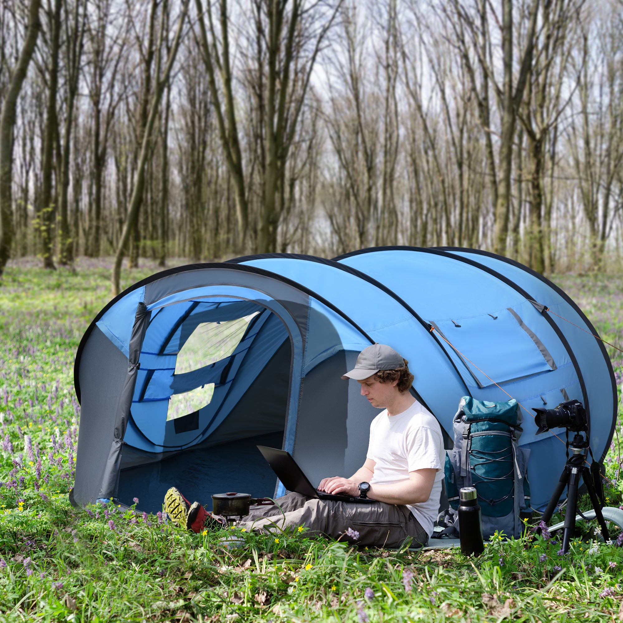 4-5 Person Pop-Up Waterproof Camping Tent with Mesh Windows - Sky Blue