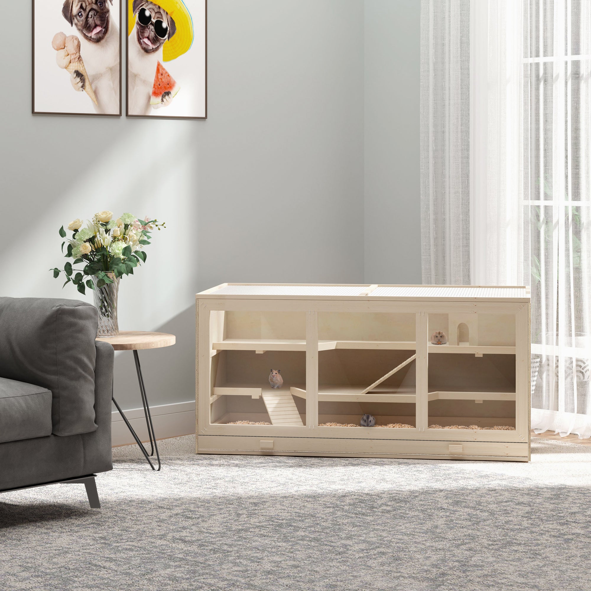 Wooden Hamster Cage for Small Rodents 115L x 60W x 58H cm - Natural Wood