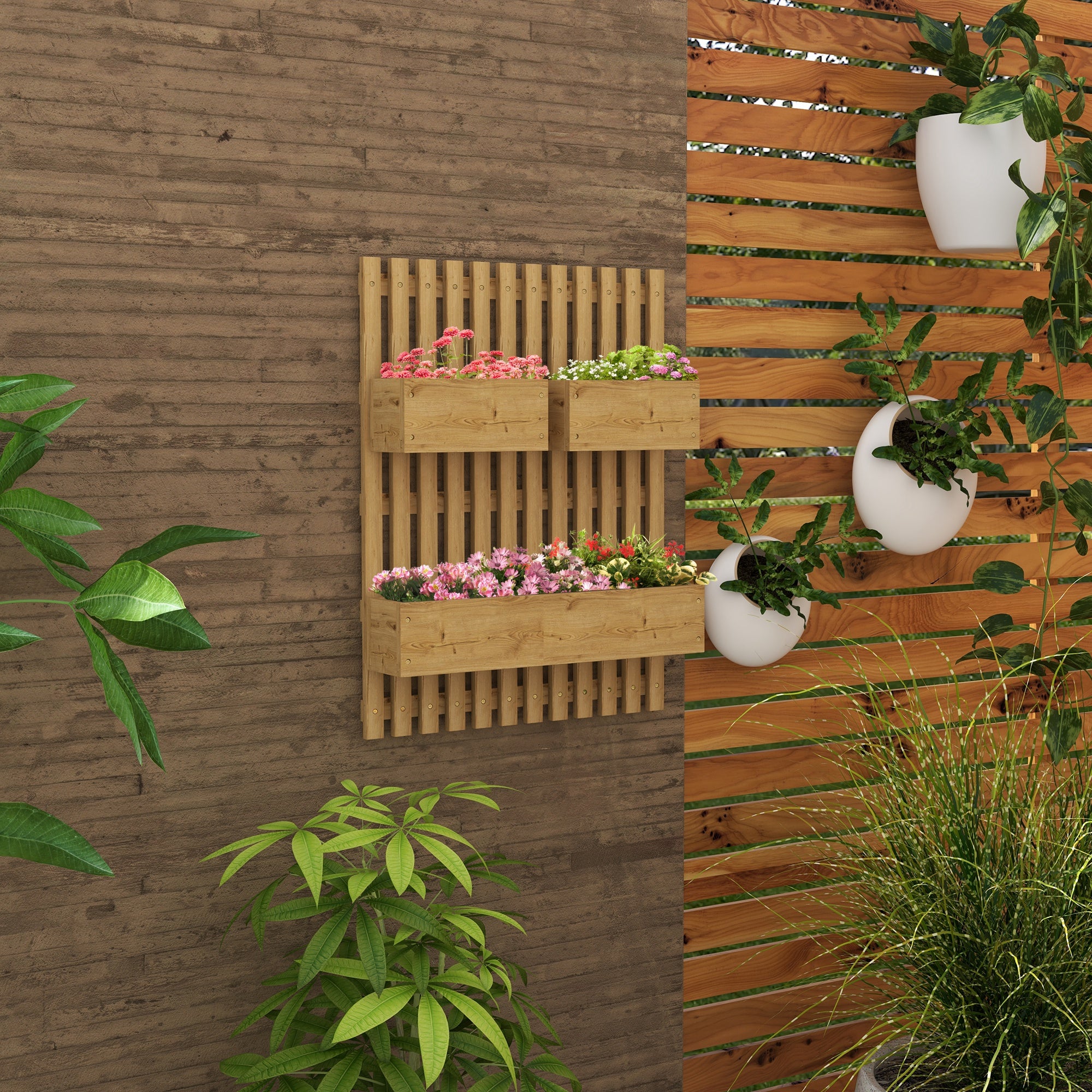 3 Piece Wall-Mounted Wooden Garden Planters with Trellis - Carbonised