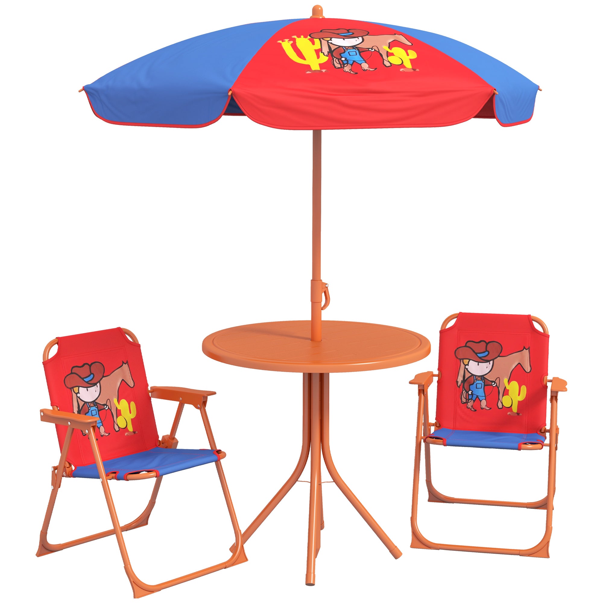 4 Piece Kids Picnic Table and Chair Set with Adjustable Parasol - Cowboy Theme