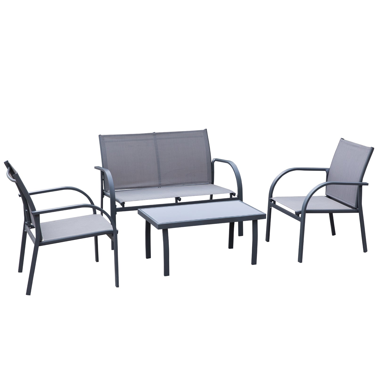 4 Piece Curved Steel Patio Furniture Set with Tempered Glass Table - Grey