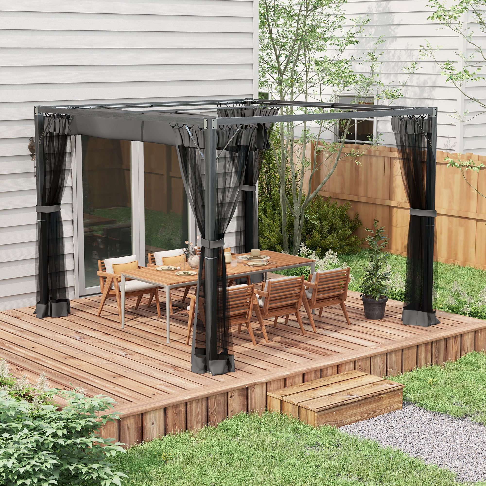 3 x 3 Metre Retractable Pergola With Mesh Curtains - Dark Grey