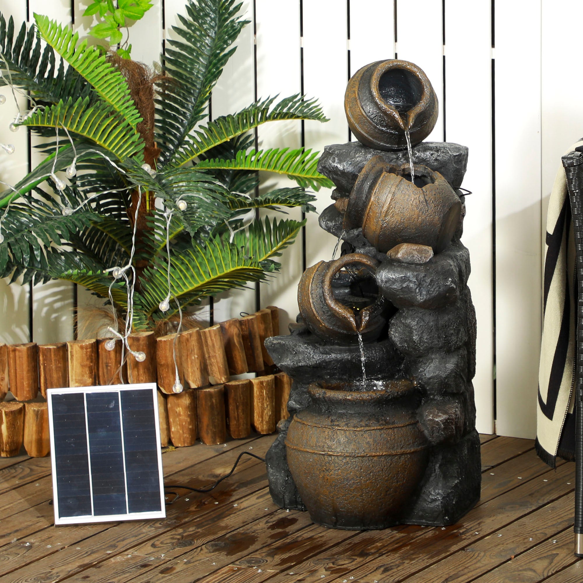 Solar Powered 4 Tier Cascading Garden Water Fountain with LED Lights and Pump, 72cm Height - Grey Brown