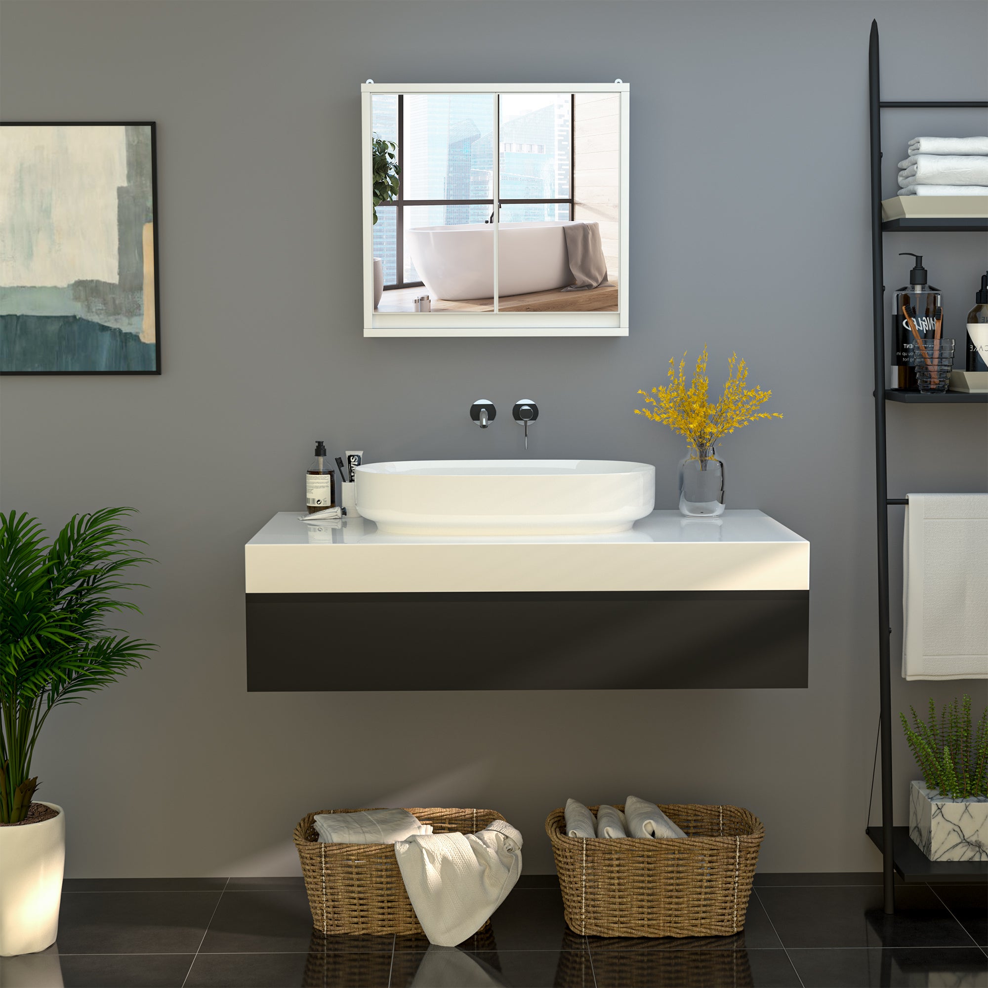 Wall Mounted Double Door Bathroom Cabinet with Mirror and Storage Shelf - White