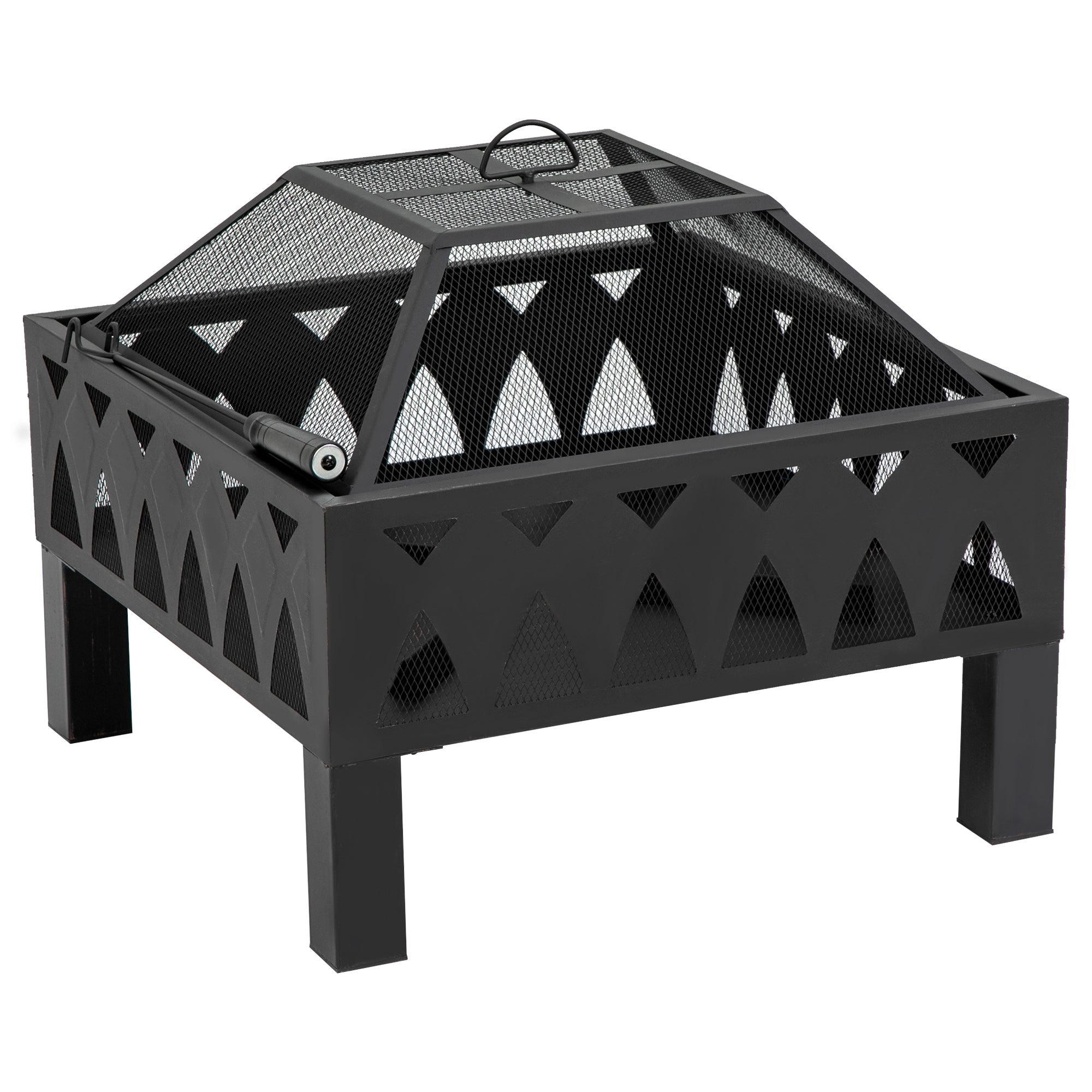 Outdoor Fire Pit with Mesh Screen Cover and Poker - Black