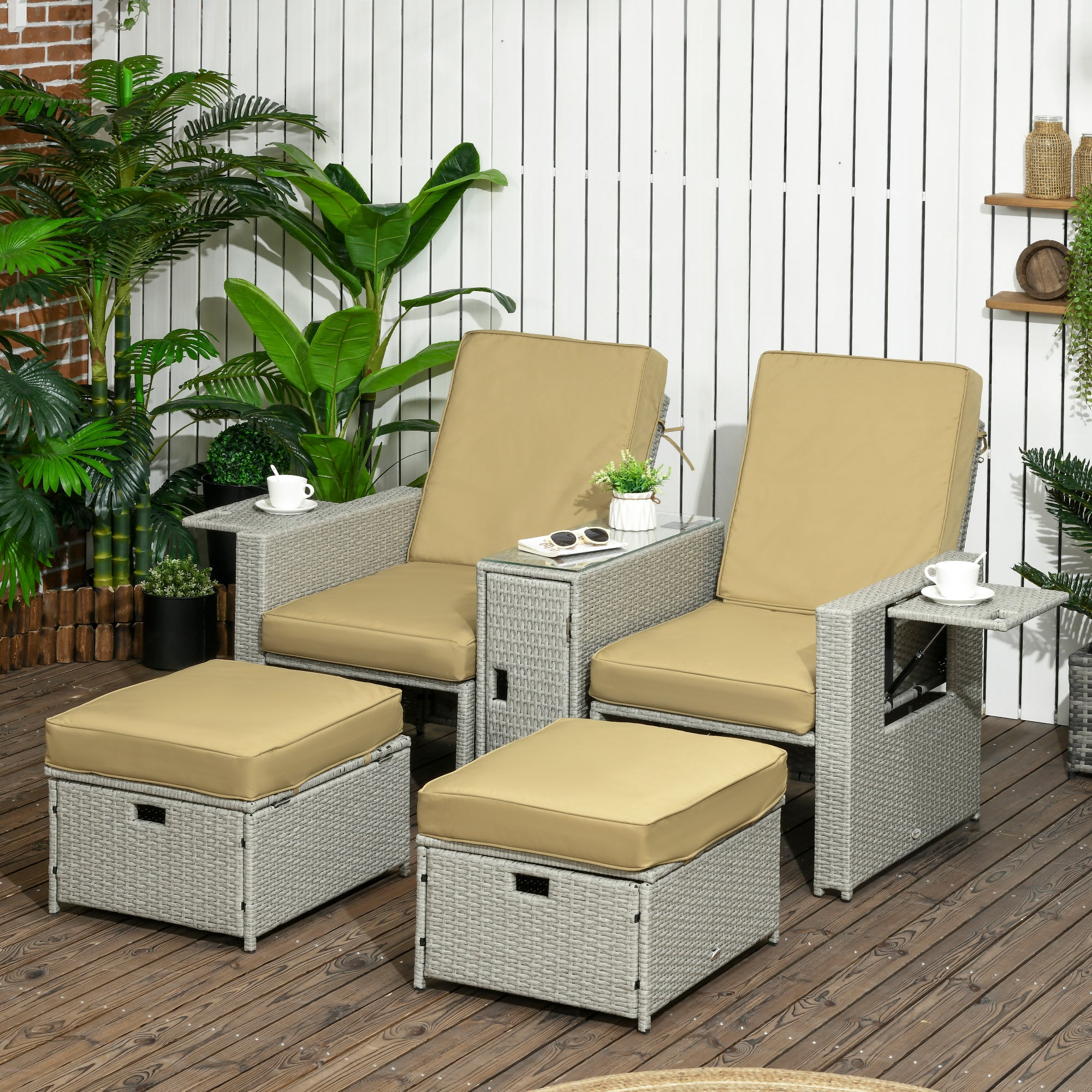 5 Piece PE Rattan Sun Lounger Set with Adjustable Recliners Beige