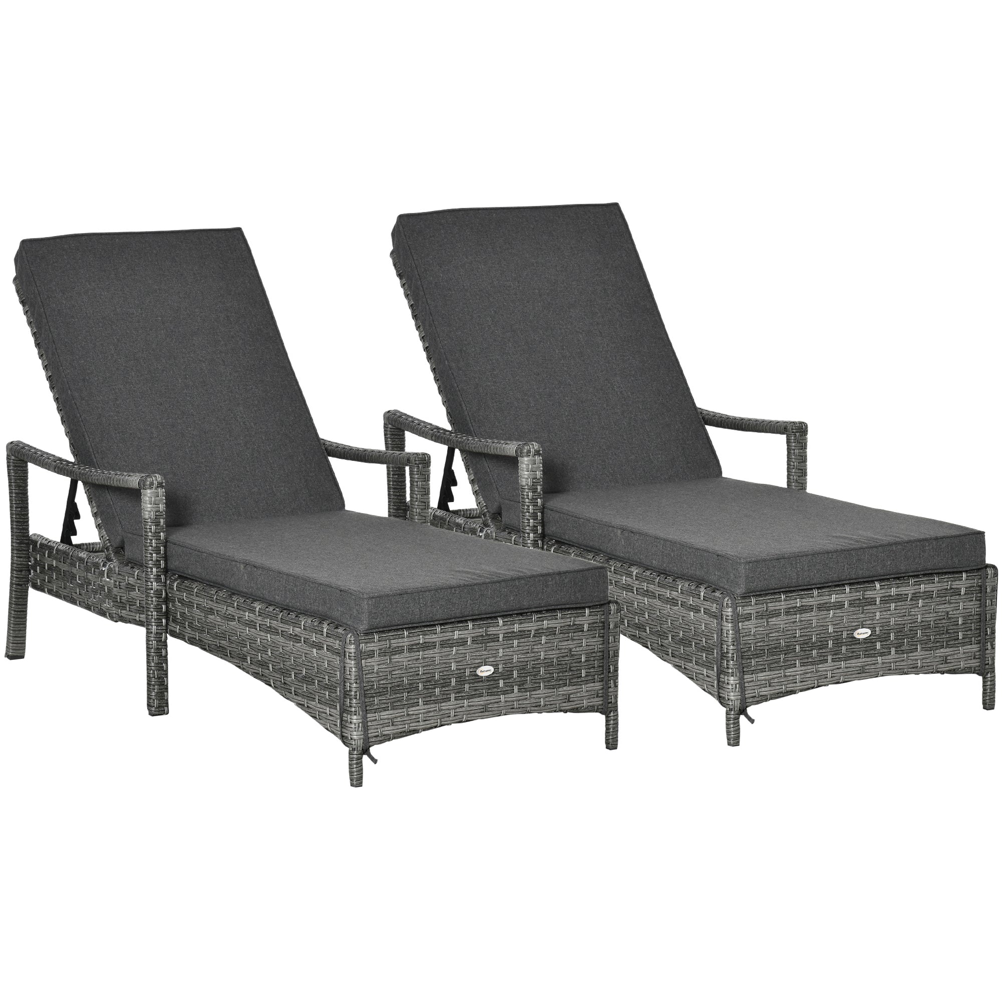PE Rattan Sun Loungers set of 2 with Cushion, Outdoor 2 Pieces Garden Sunbed Furniture with 4-Level Recliner Backrest, and Armrest, Grey