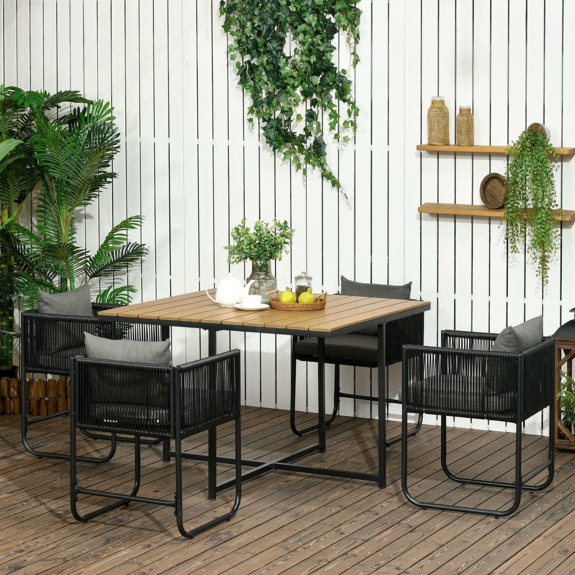 5 Piece PE Rattan Dining Set with Cushions and Wood Grain Table - Black