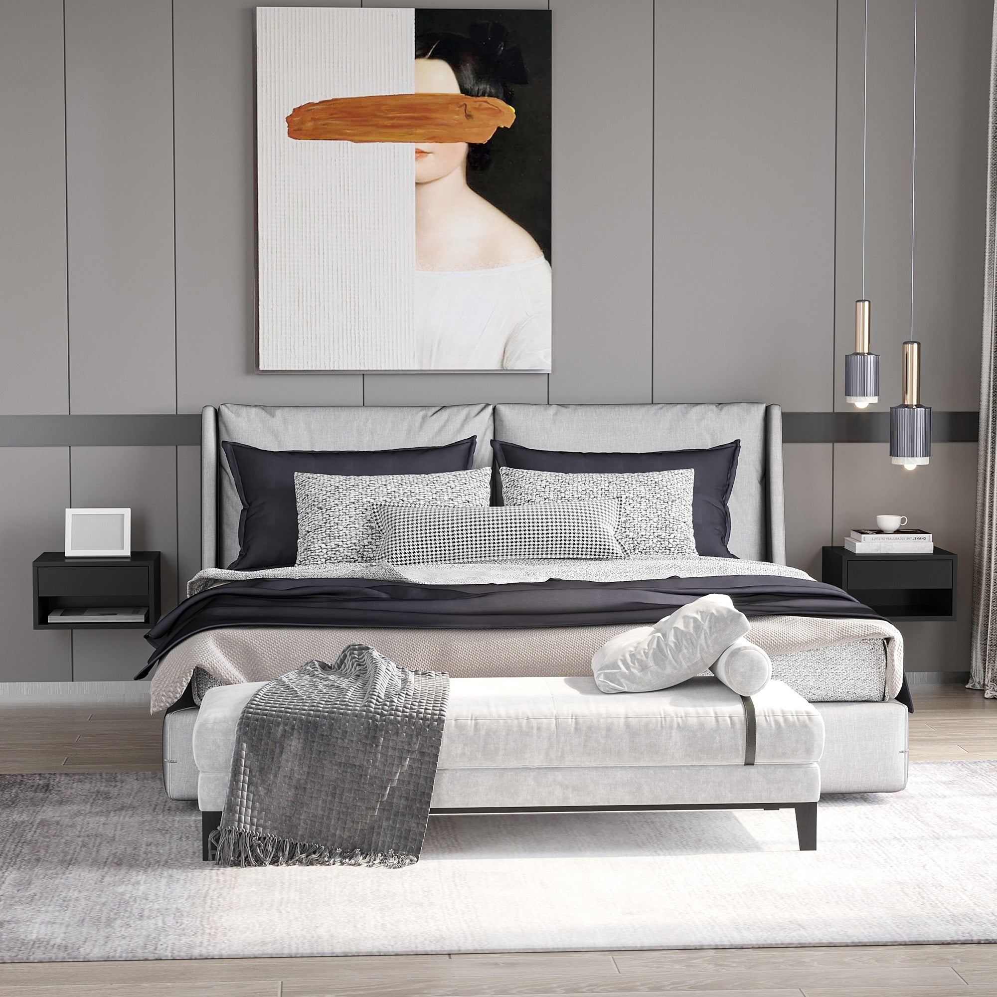 Set of 2 Floating Bedside Tables with Drawer and Shelf - High Gloss Black