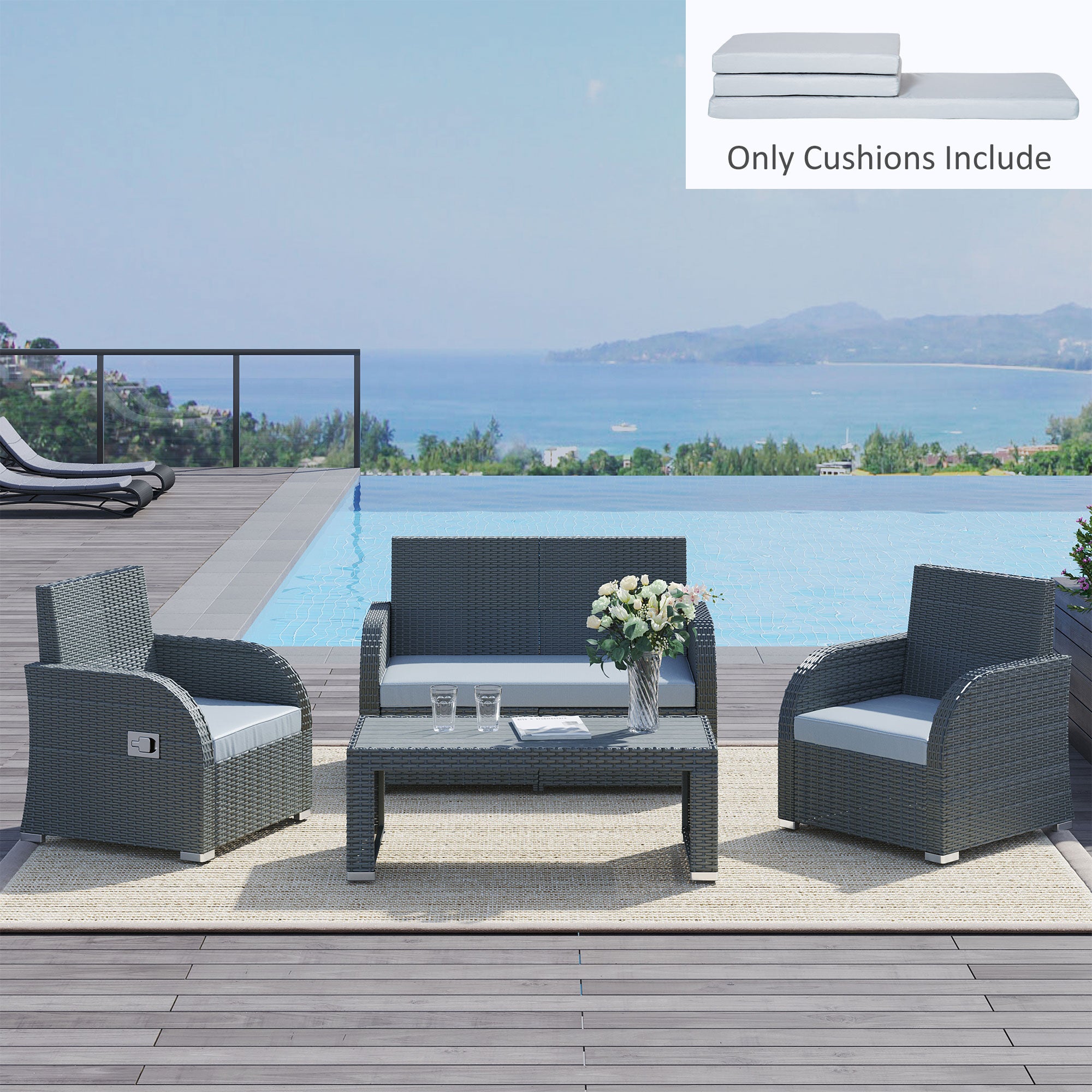 3 Piece Outdoor Seat Cushion Set for Rattan Furniture Grey