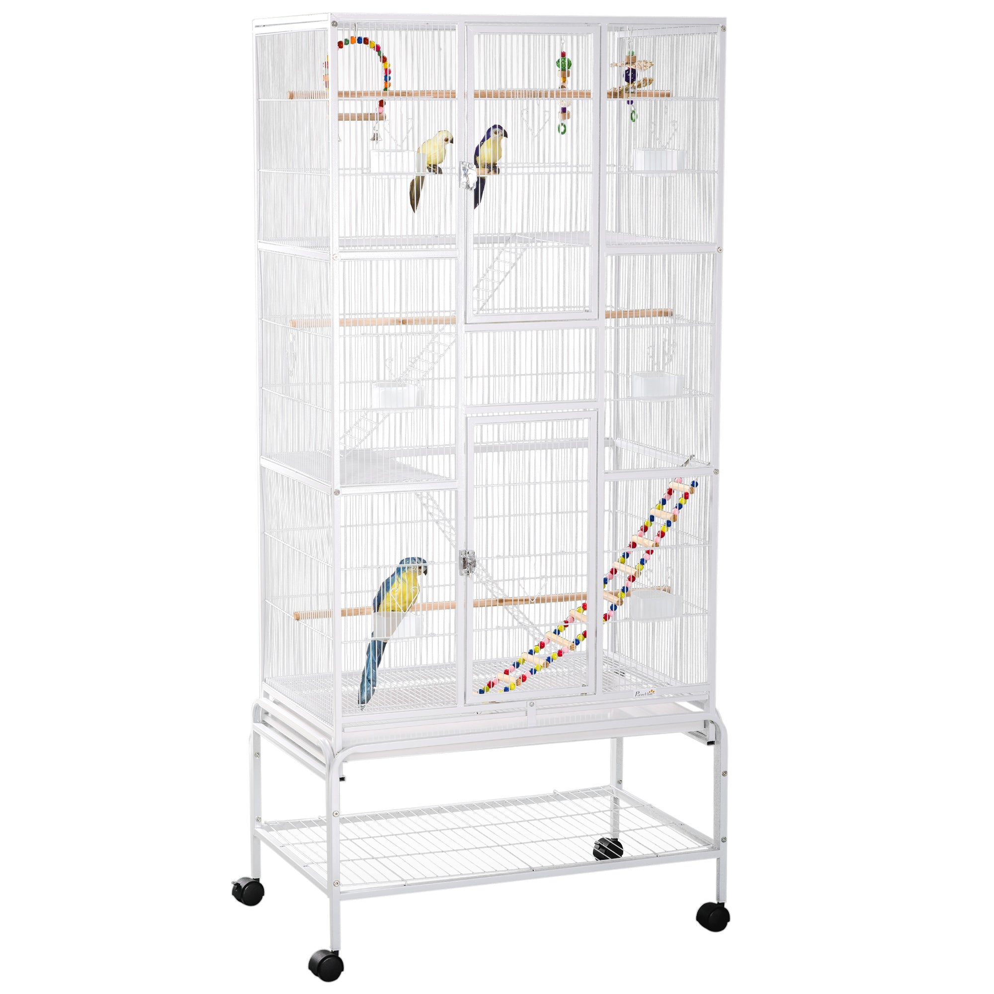 3 Tier Bird Cage with Stand, Wheels, Toys & Ladders for Canaries, Finches, Cockatiels, Parakeets, Budgies - White
