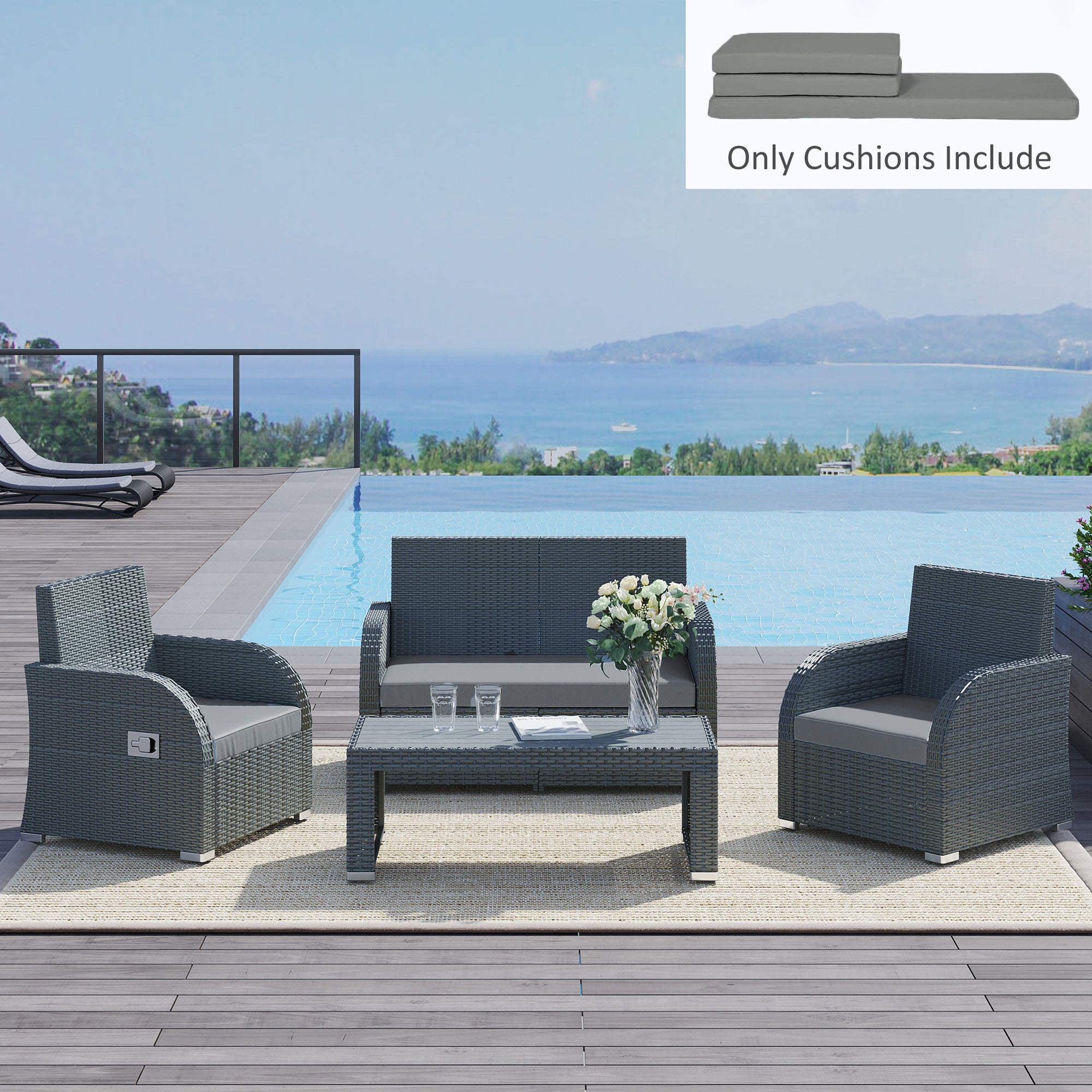 3 Piece Outdoor Seat Cushion Pads for Rattan Furniture - Dark Grey