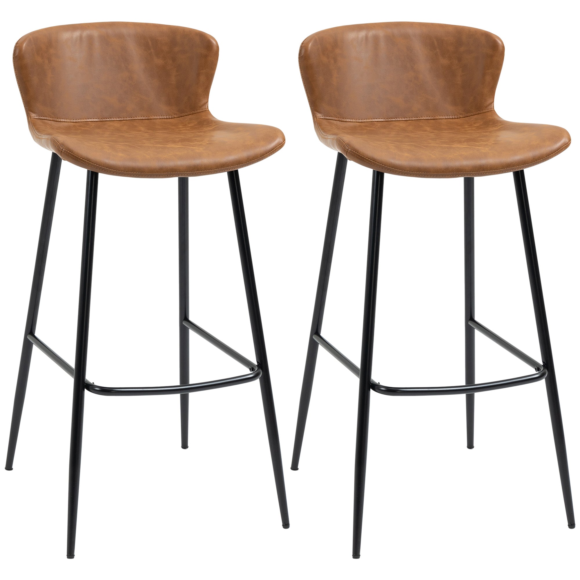 Vintage PU Leather Bar Stools Set of 2 with Steel Legs - Brown