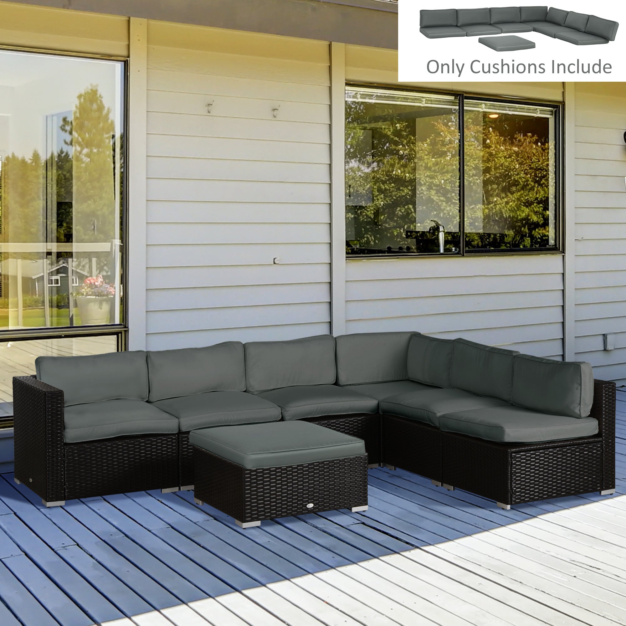 14-Piece Replacement Cushions Set for 7-Seat Rattan Outdoor Furniture - Grey