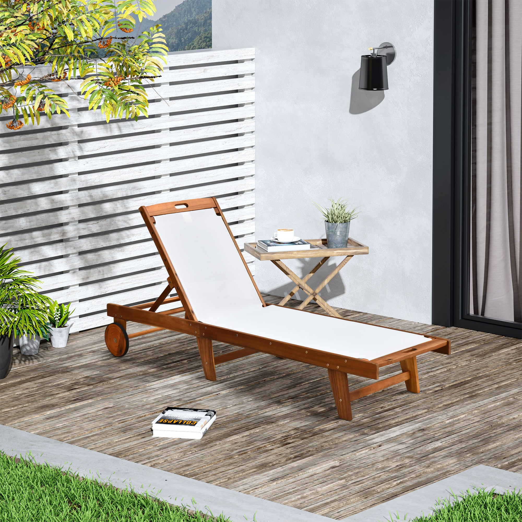 1 Piece Acacia Wood Outdoor Sun Lounger with Adjustable Backrest - Brown