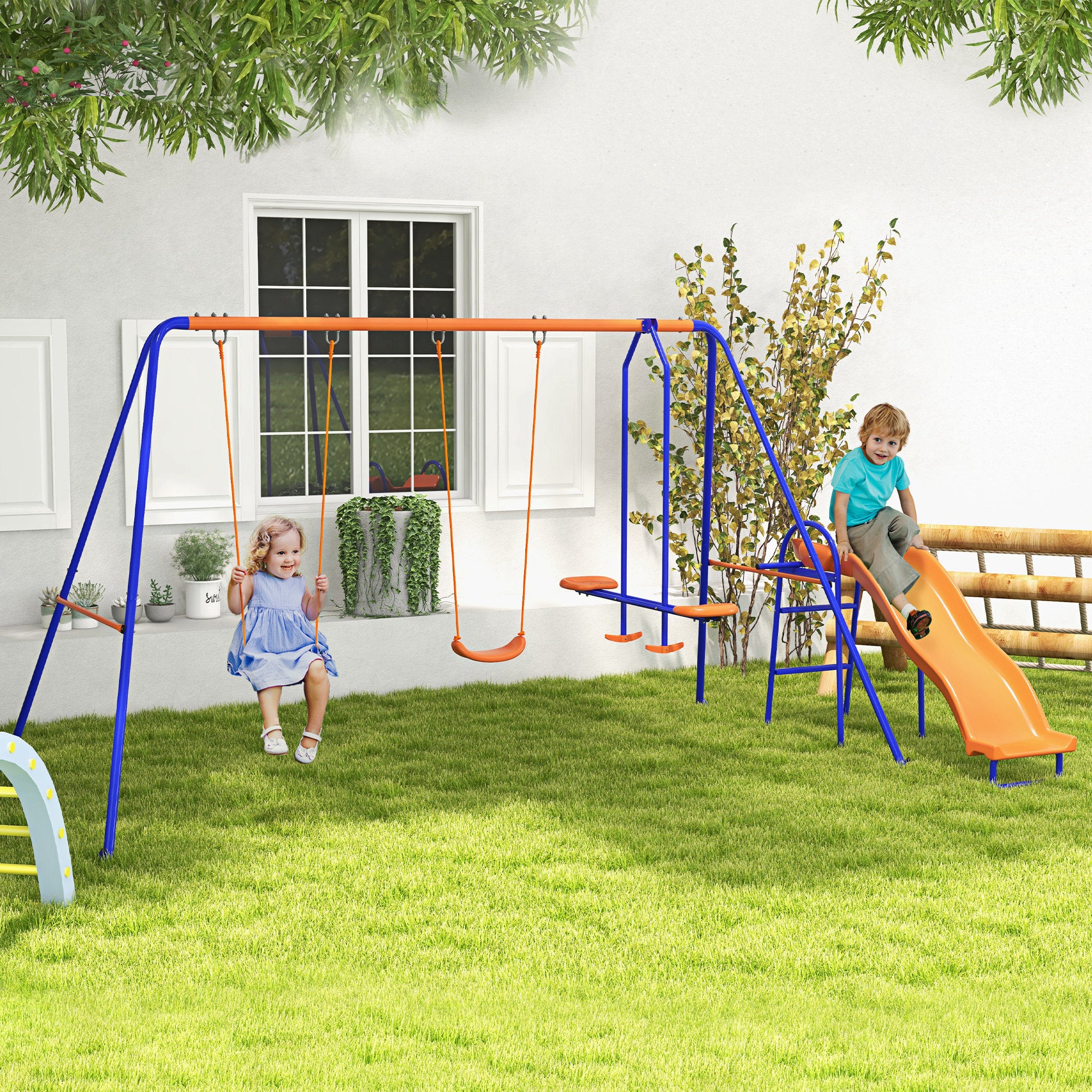 4 in 1 Metal Garden Swing Set with Double Swings and Slide - Orange