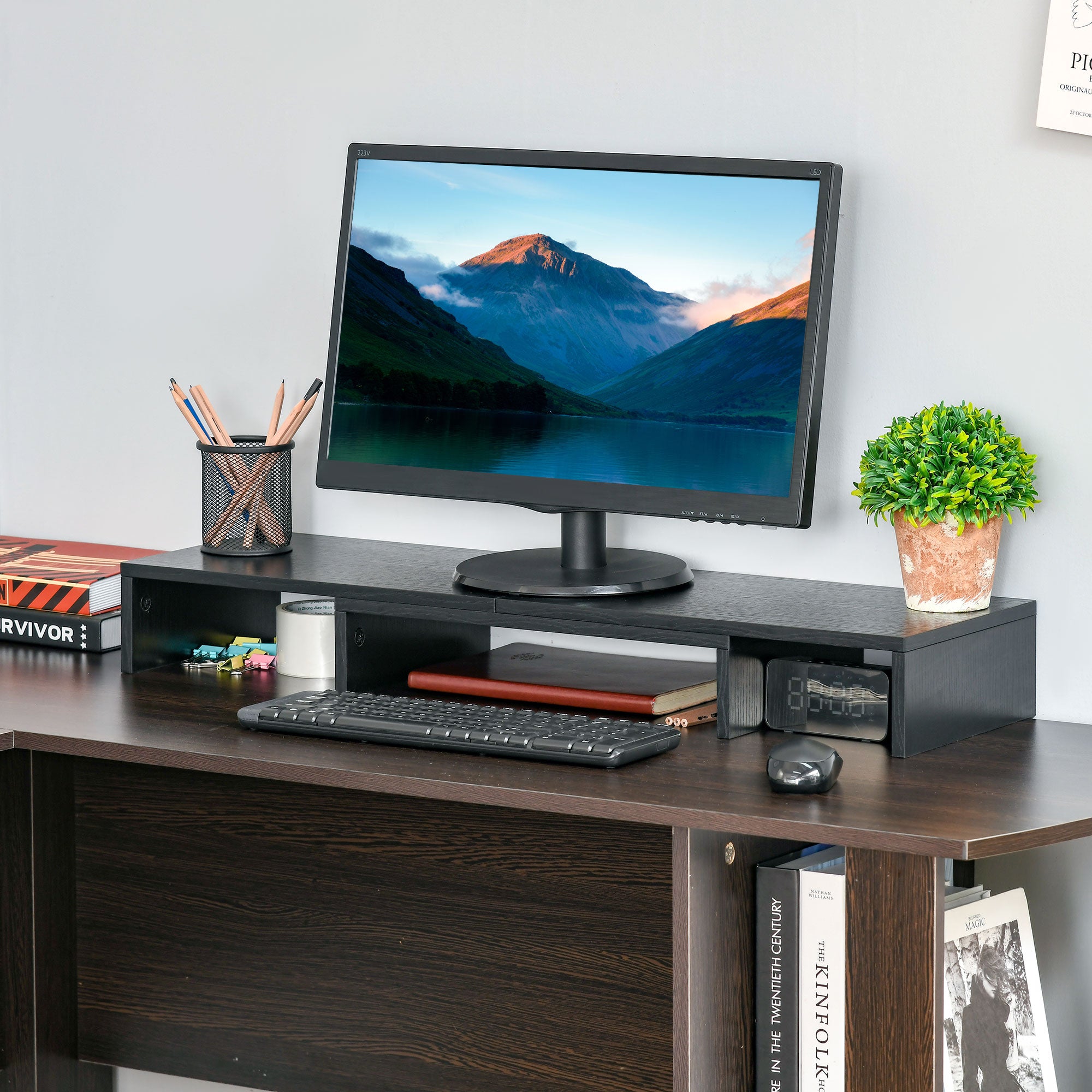 Dual Monitor Adjustable Length and Angle Stand Riser for Laptop, PC, Printer, TV - Black