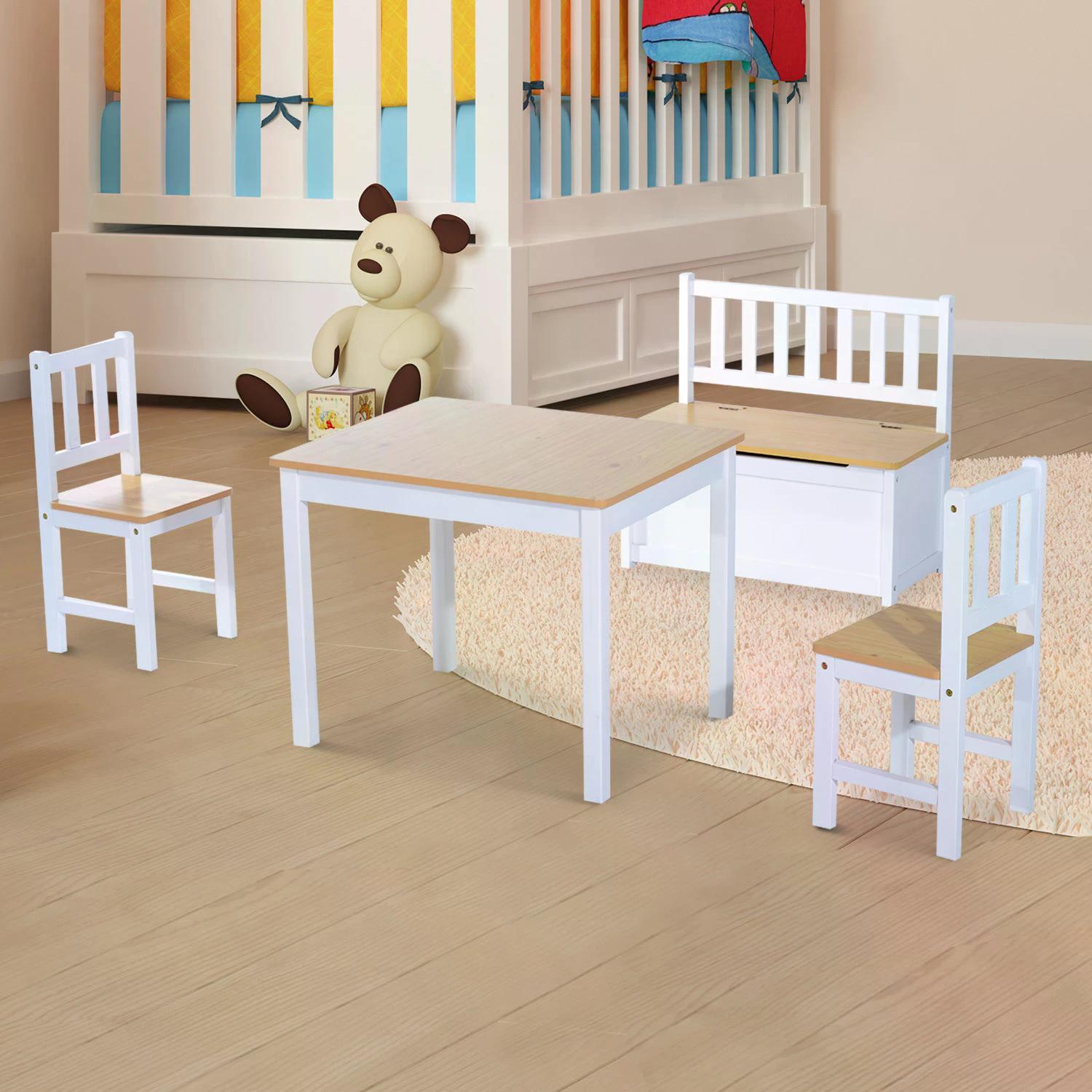 4 Piece Pine Wood Kids Furniture Set with Storage - Oak and White