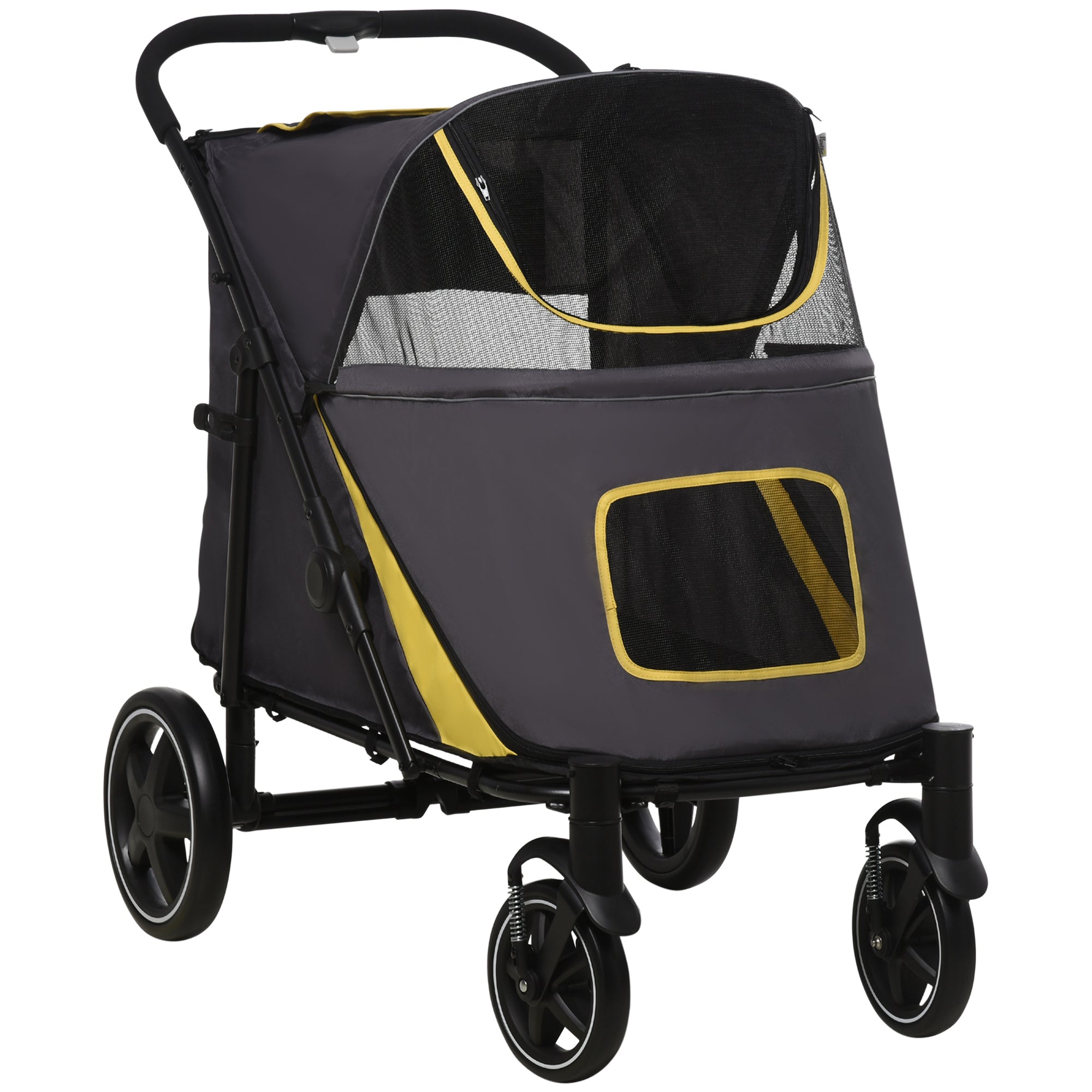 Pet Stroller with Shock Absorber, Universal Front Wheels, Brakes & Storage Bags for Dogs and Cats - Dark Grey