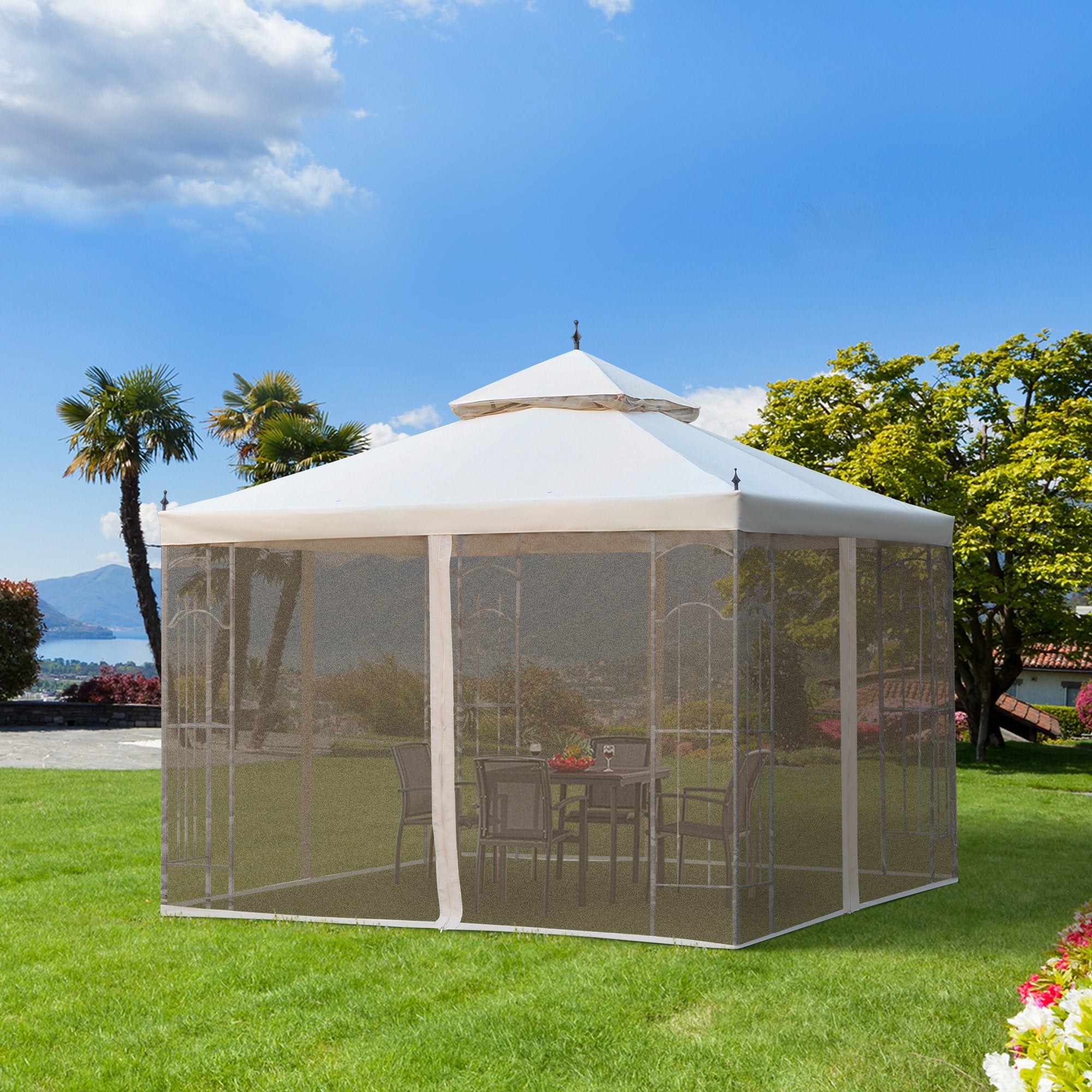 300x300cm Double Top Garden Gazebo with Mesh Curtains Beige
