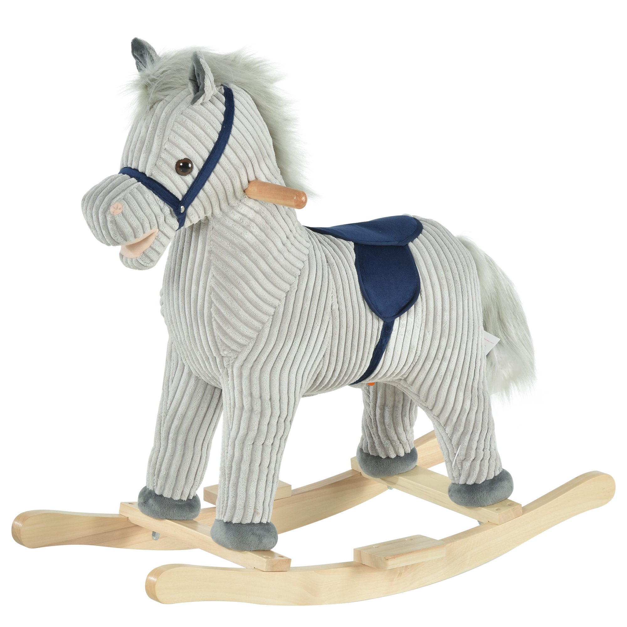 Kids Ribbed Plush Ride-On Rocking Horse with Sound - Grey