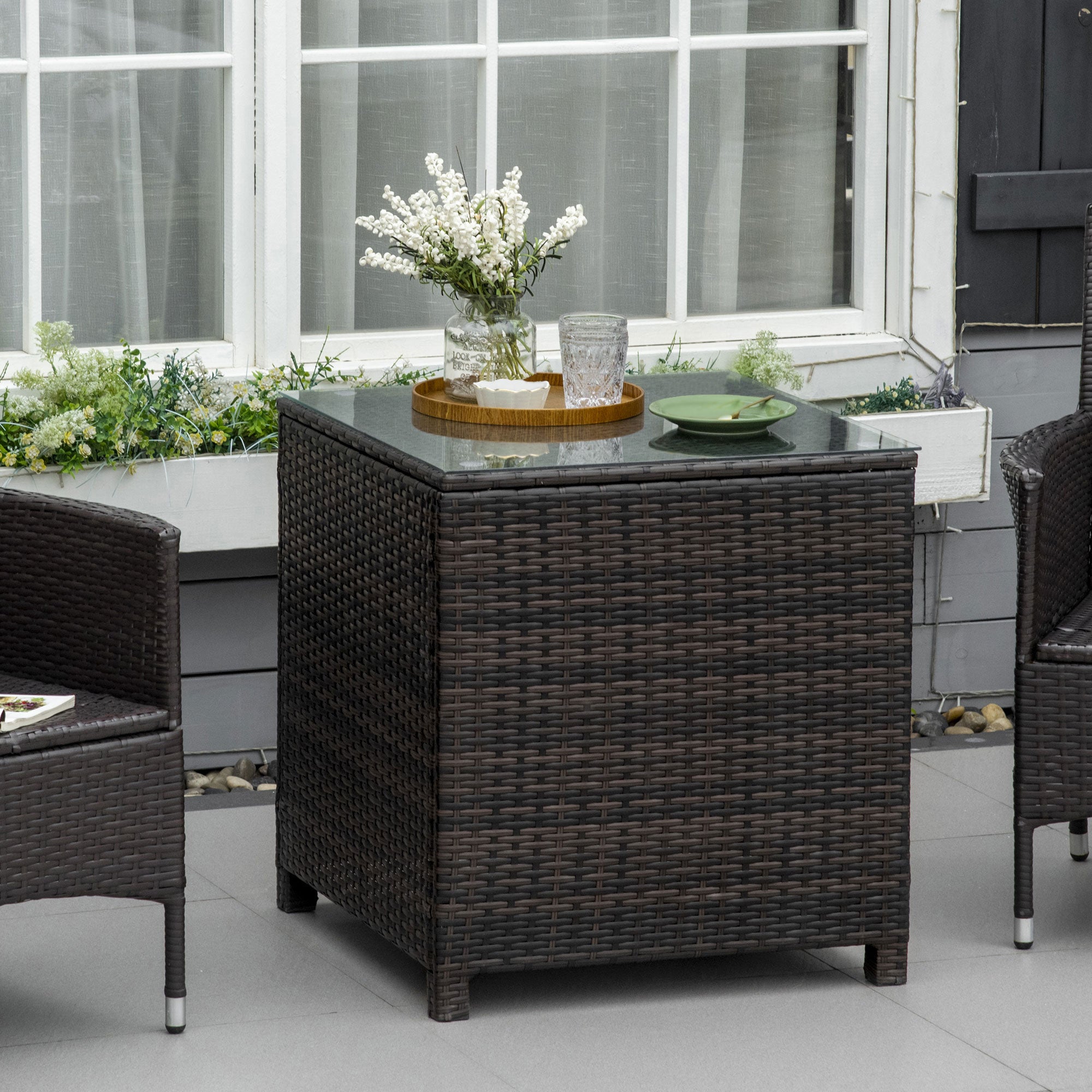 Rattan Garden Side Table with Tempered Glass Top - Brown