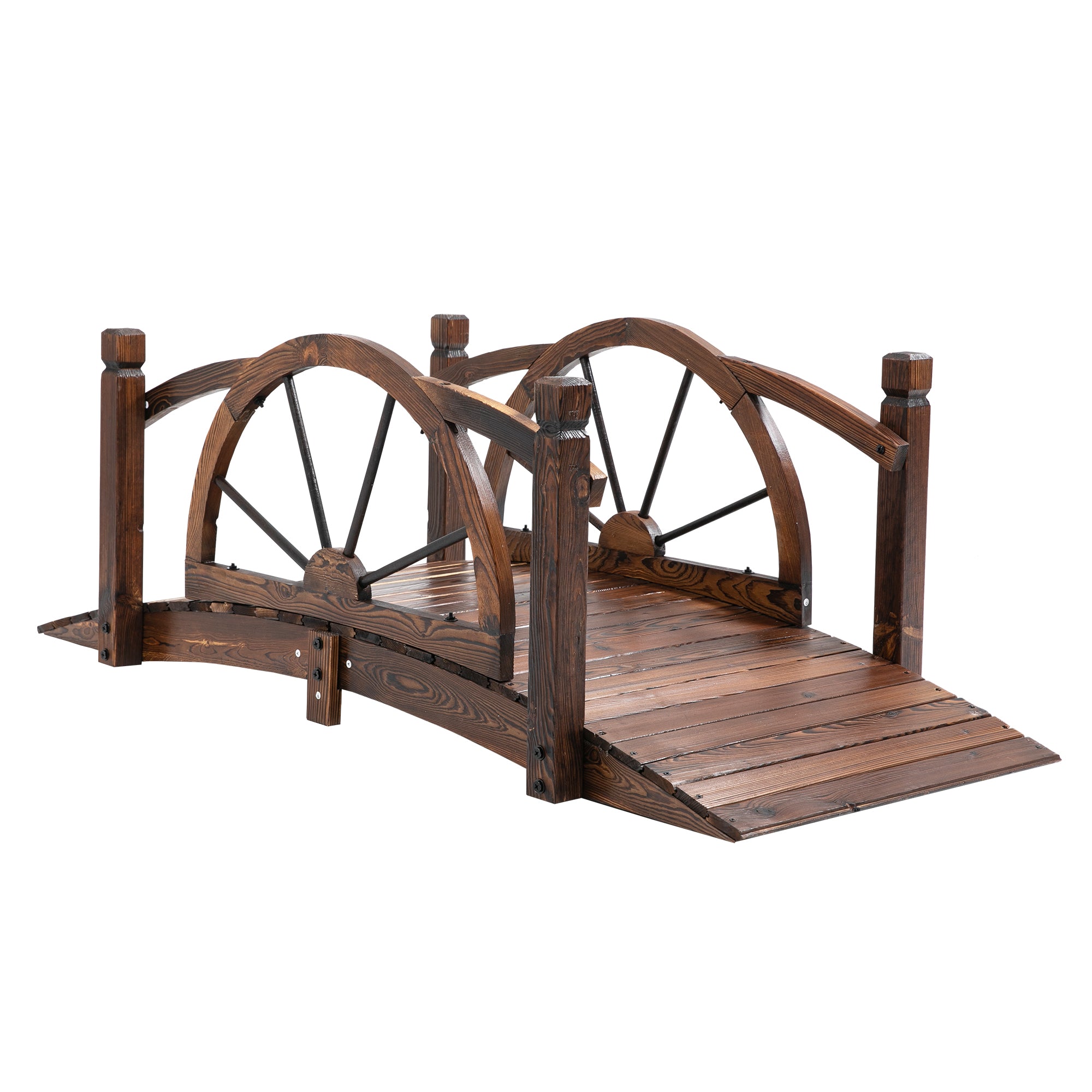 Wooden Garden Decorative Arc Footbridge with Wheel Guardrail Outdoor Pond Bridge - Carbonized