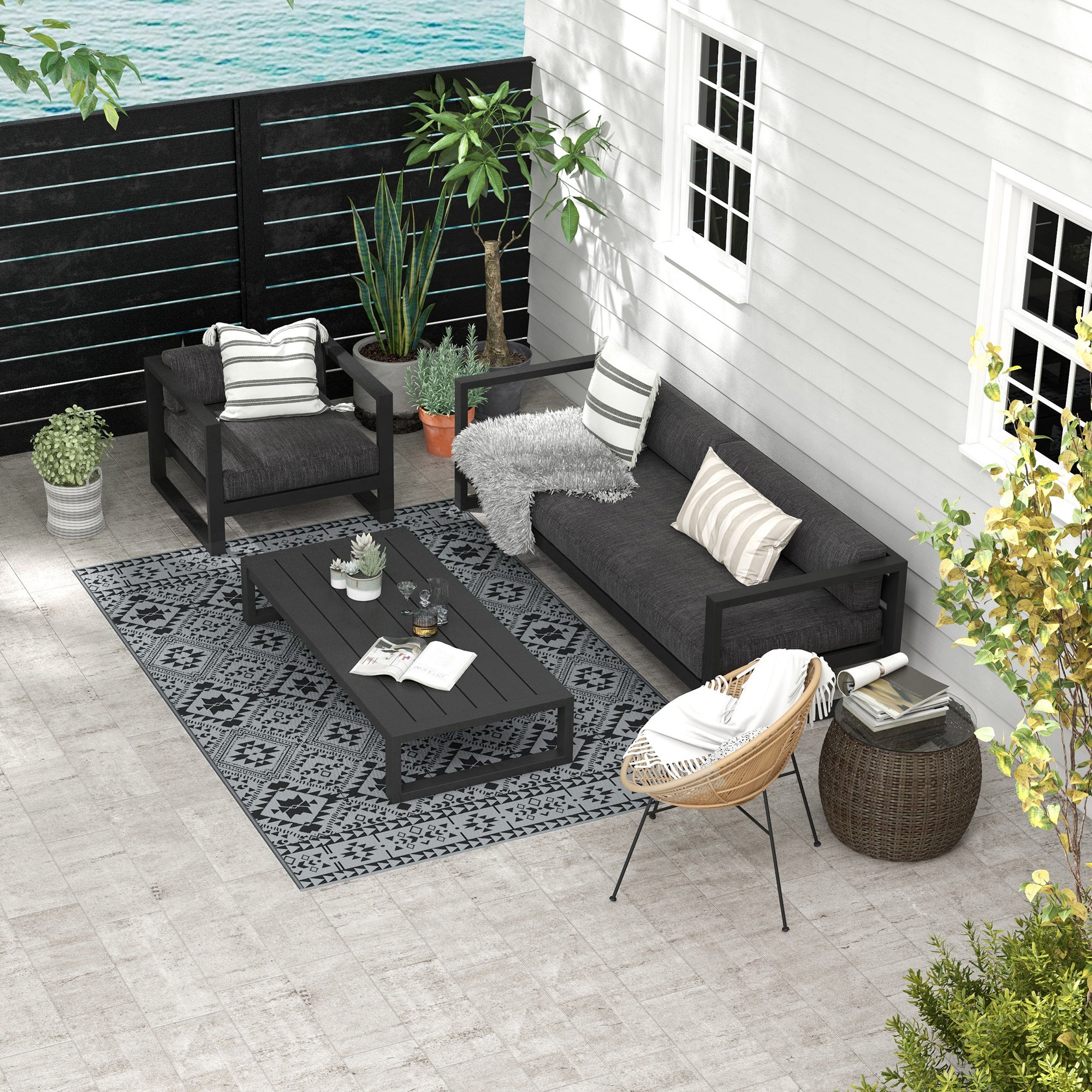 1 Piece Reversible Outdoor Rug with Carry Bag - Black Grey