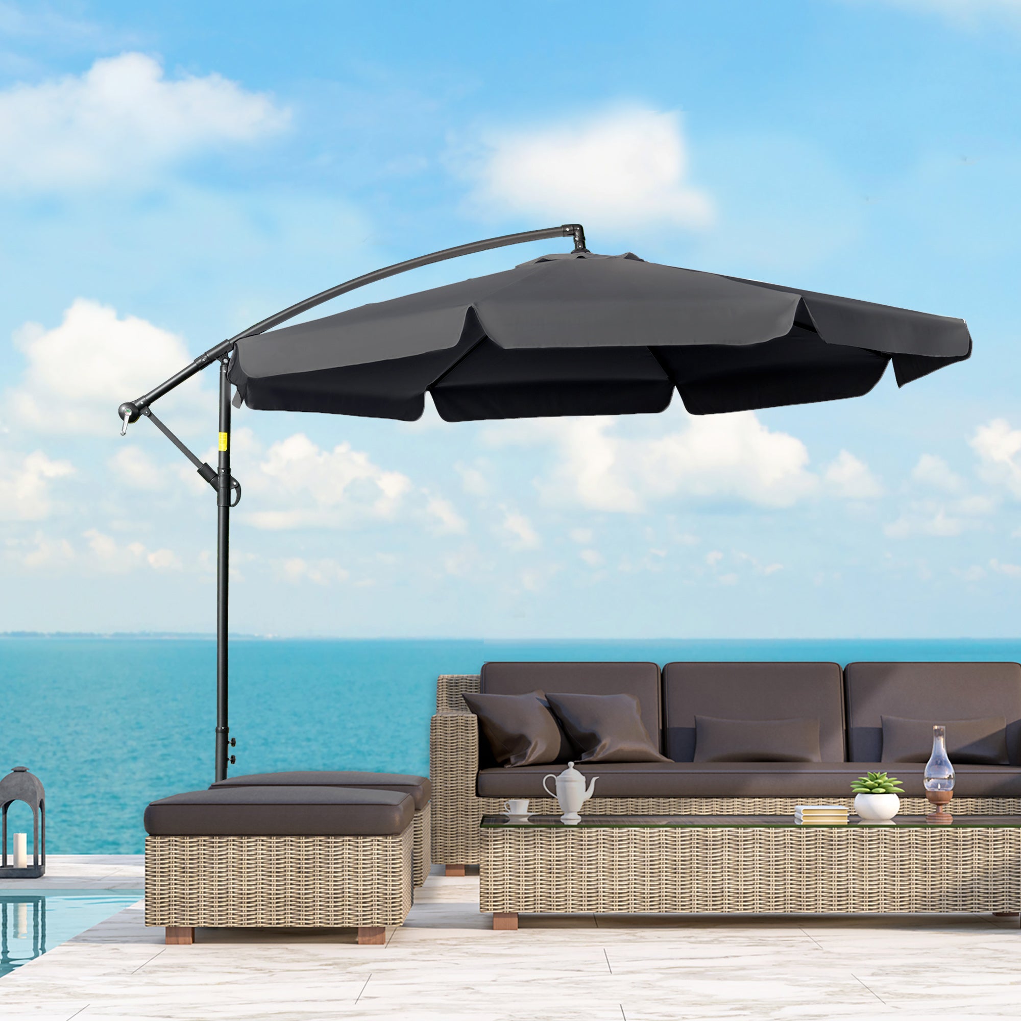 2.7m Cantilever Banana Parasol with Crank Handle and Cross Base - Black