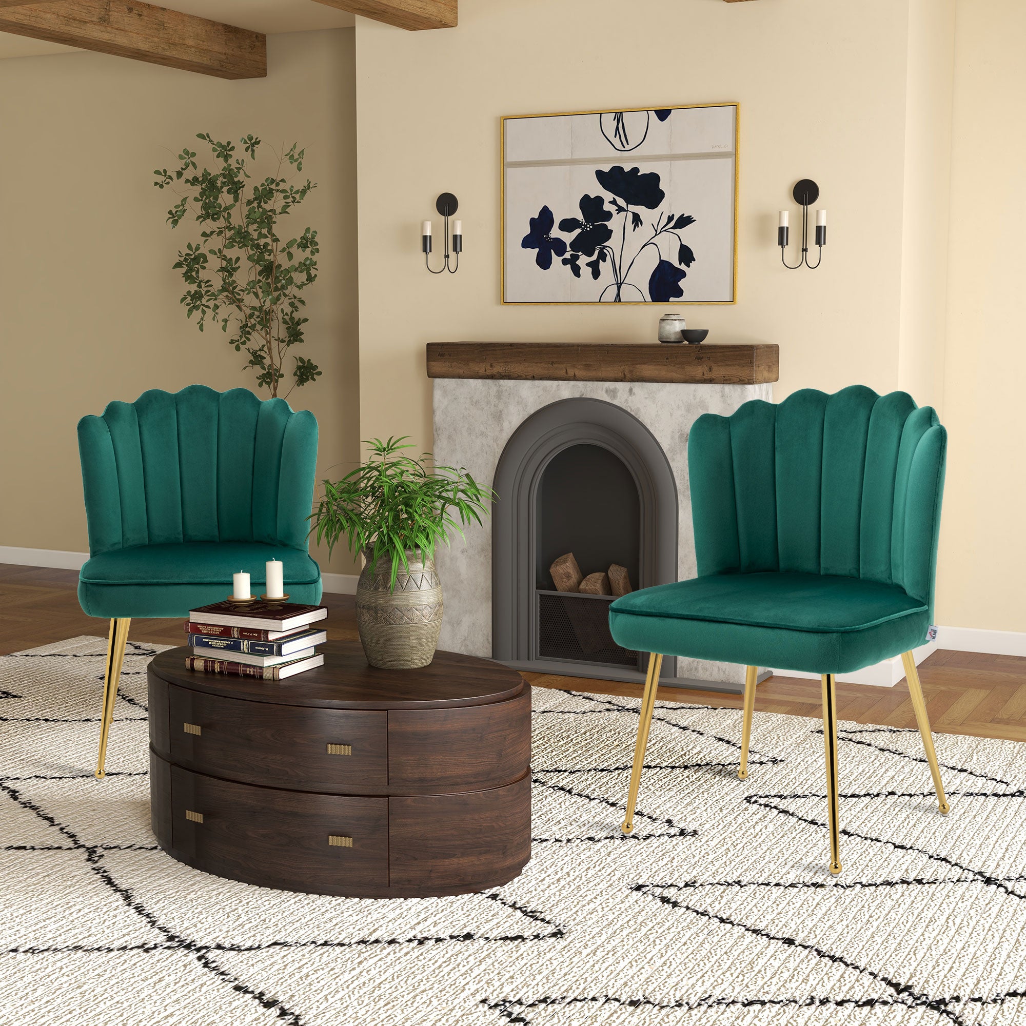 Shell Luxe Velvet Accent Chair, Modern Living Room Chair with Gold Metal Legs for Living Room, Bedroom, Home Office, Set of 2, Green