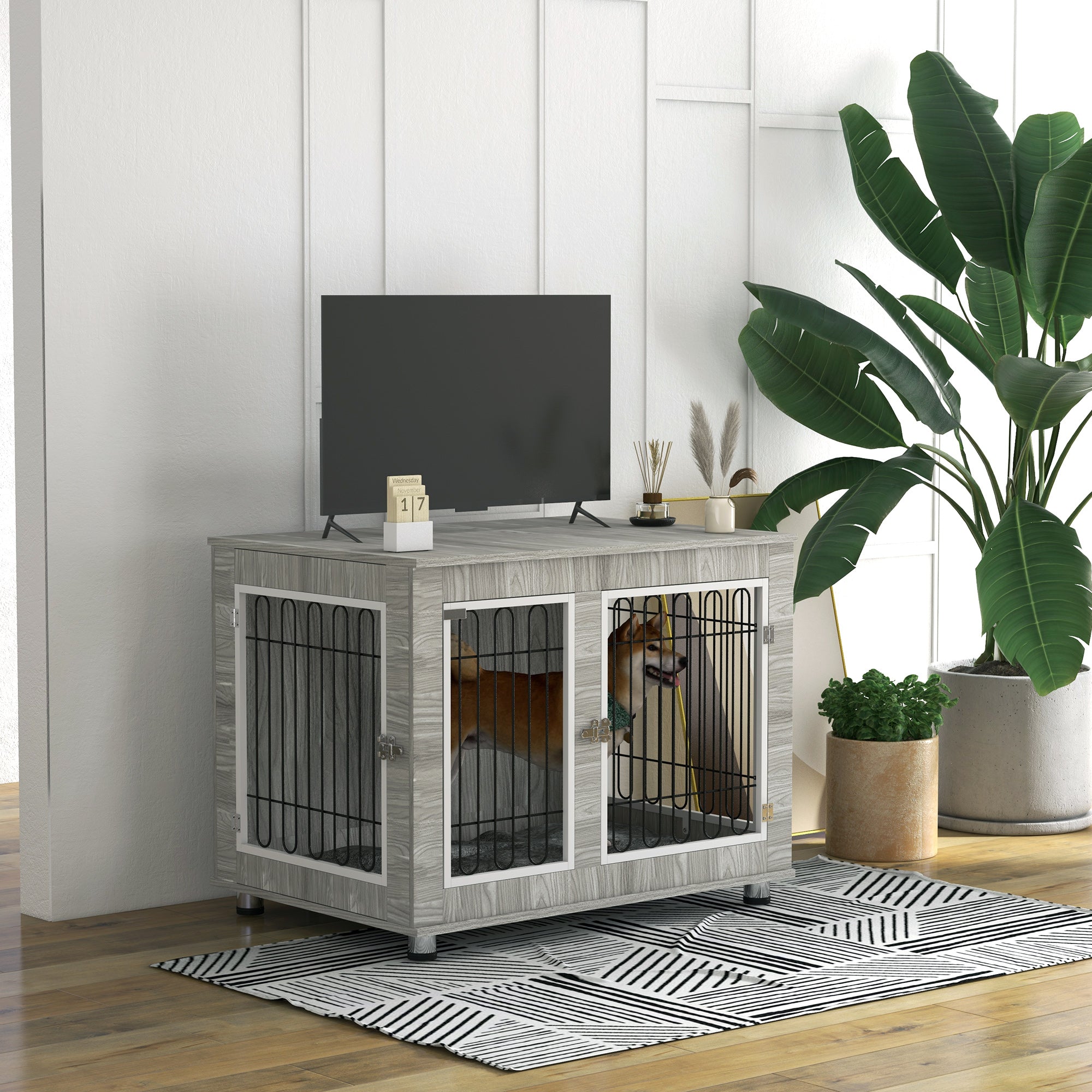Indoor Large Dog Kennel with Double Doors and Soft Cushion 106x74x81.5cm - Grey