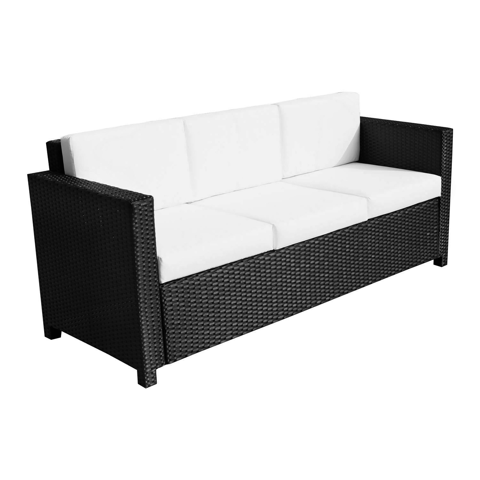 3 Seater Garden Rattan Sofa Set with Fire Resistant Cushions - Black