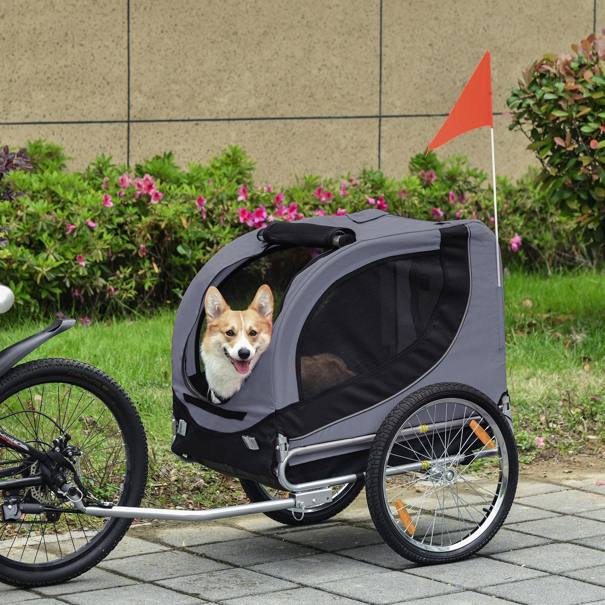 Dog Bike Trailer Pet Cart Carrier Steel Frame Water Resistant - Grey and Black