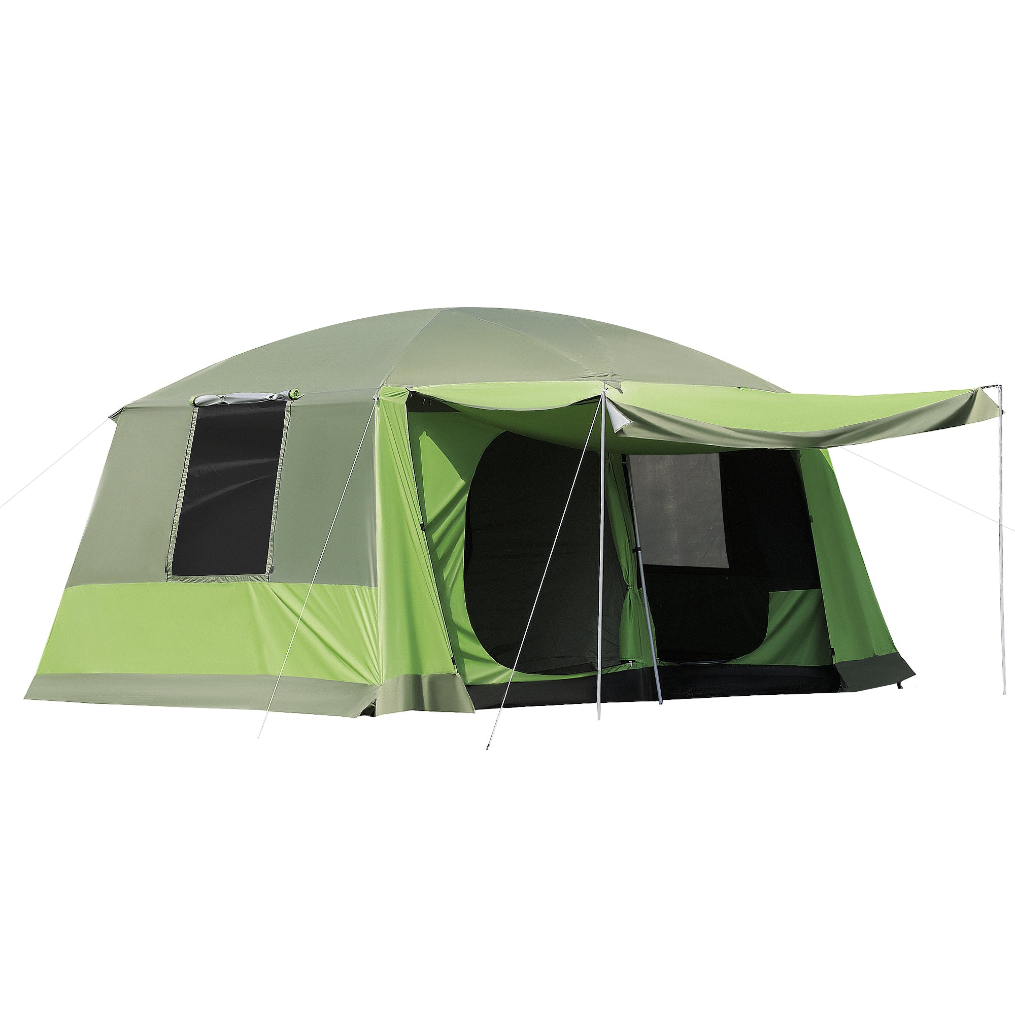 Two Room Dome Tent for 4-8 People with Mesh Windows and Porch - Green
