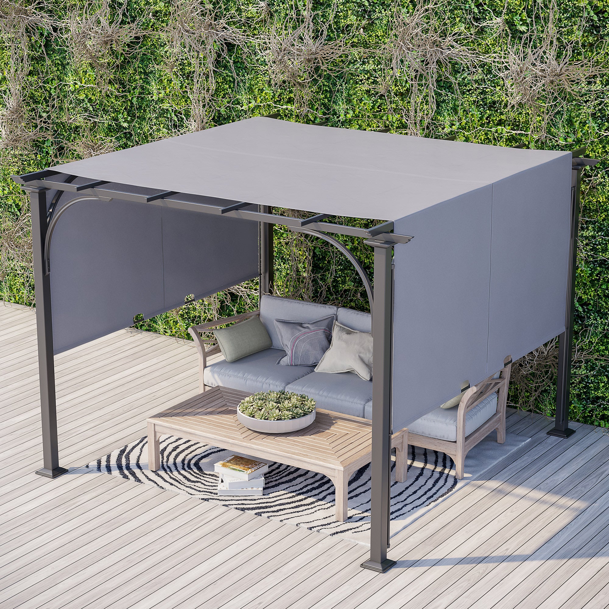 3 x 3 Metre Retractable Garden Pergola with Adjustable Canopy - Grey