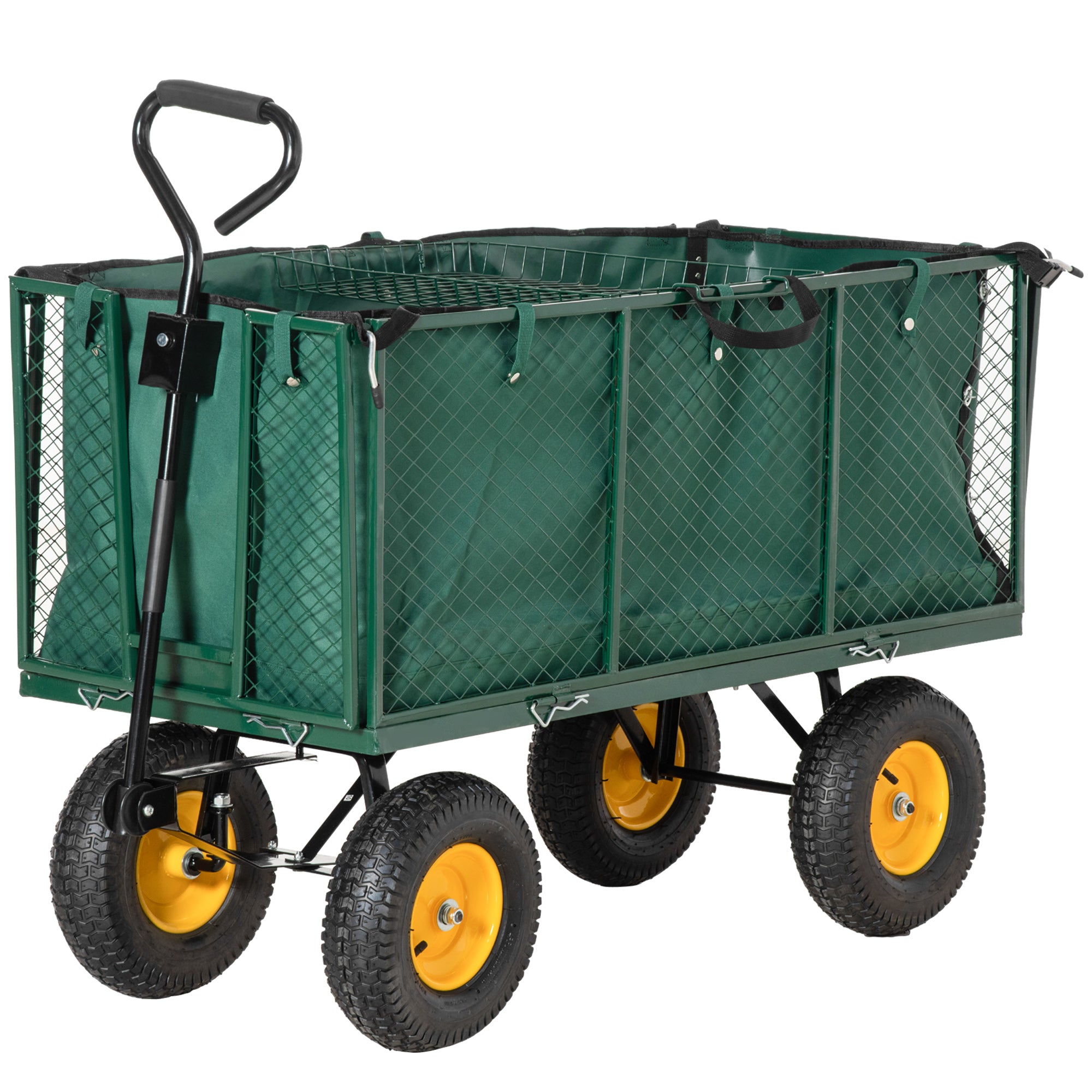 Large 4 Wheel Heavy Duty Garden Trolley Cart with Metal Frame Green