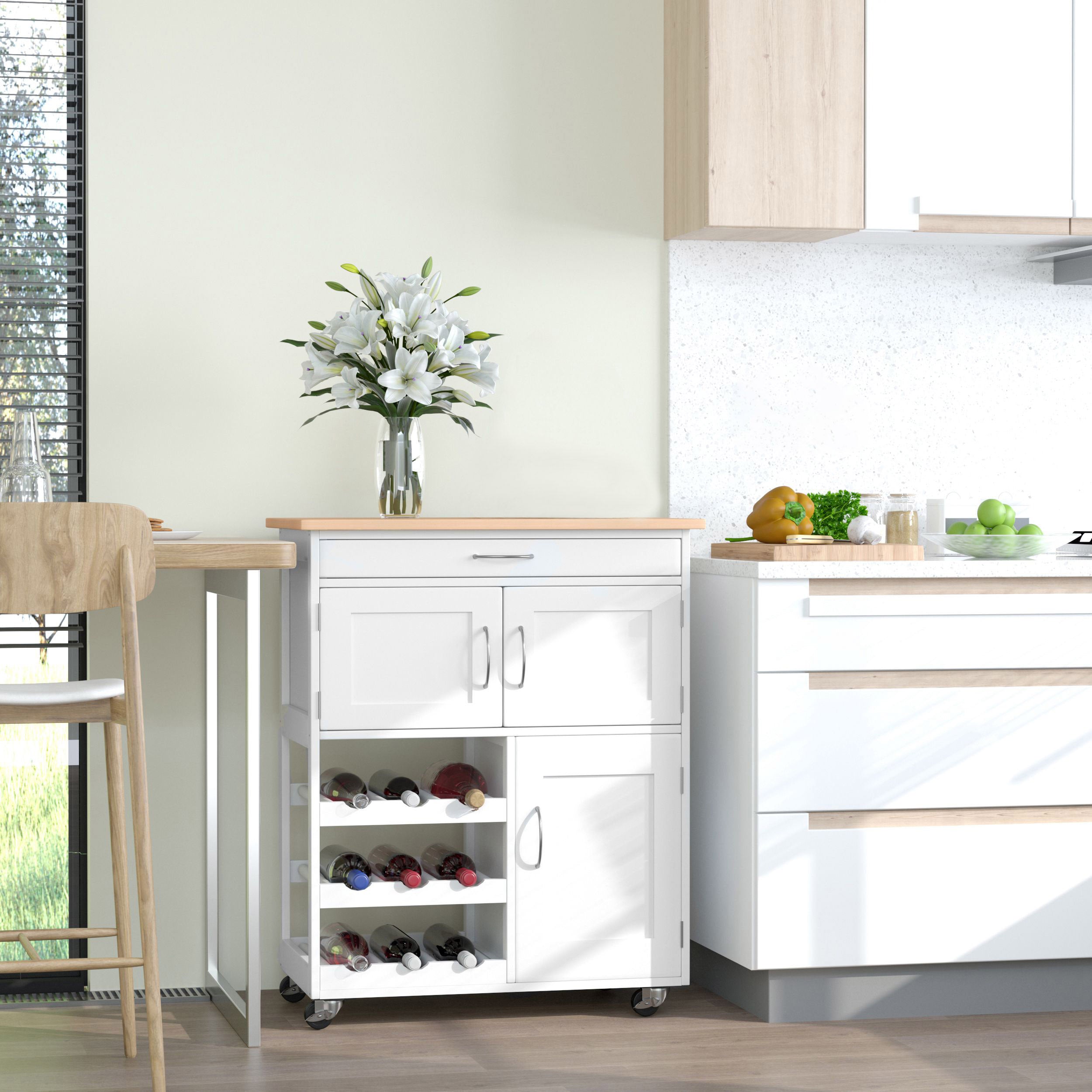 Modern Kitchen Trolley with Drawer, 9-Bottle Wine Rack & Door Cabinets, Wooden Countertop - White
