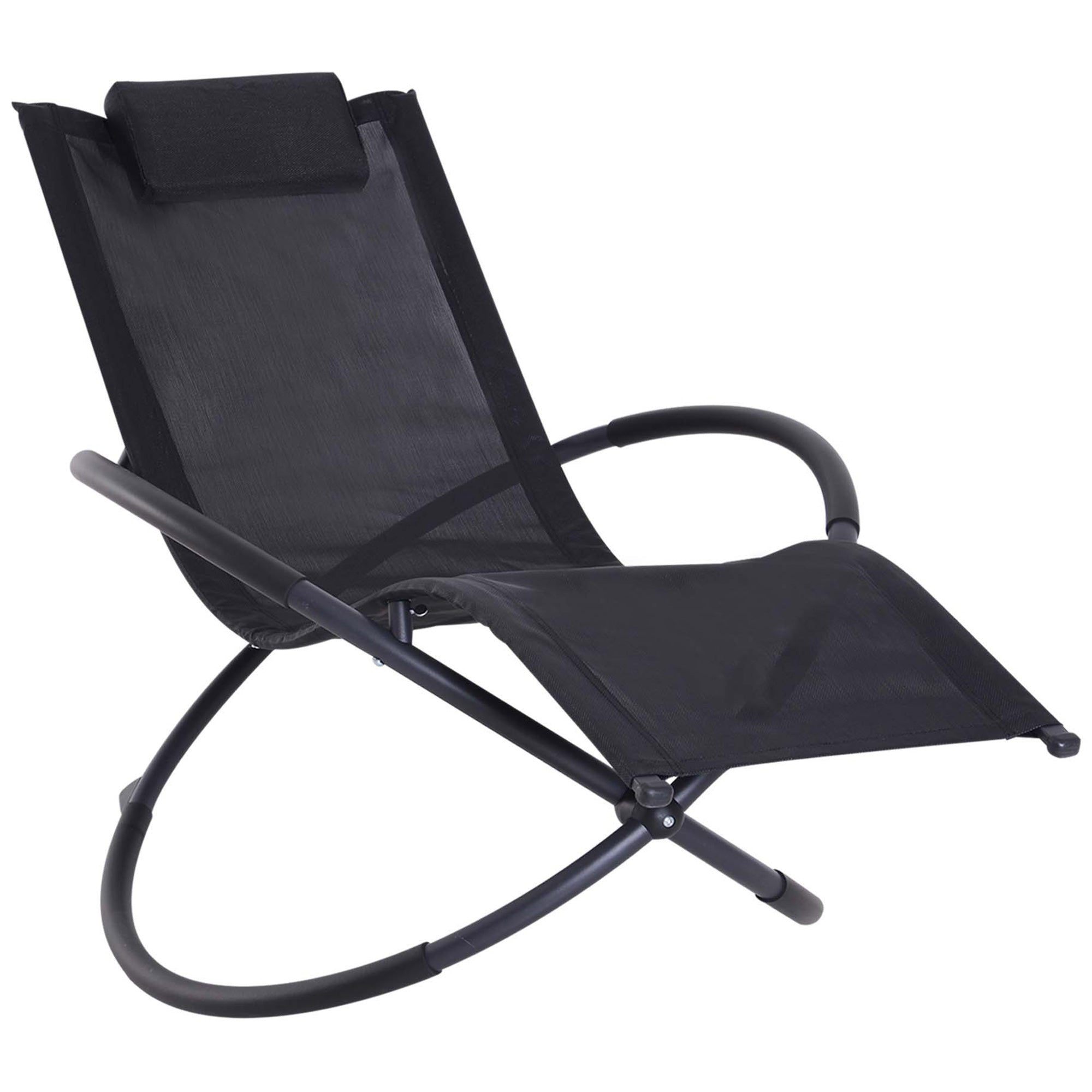 Outdoor Orbital Lounger Zero Gravity Foldable Rocking Patio Chaise with Pillow - Black