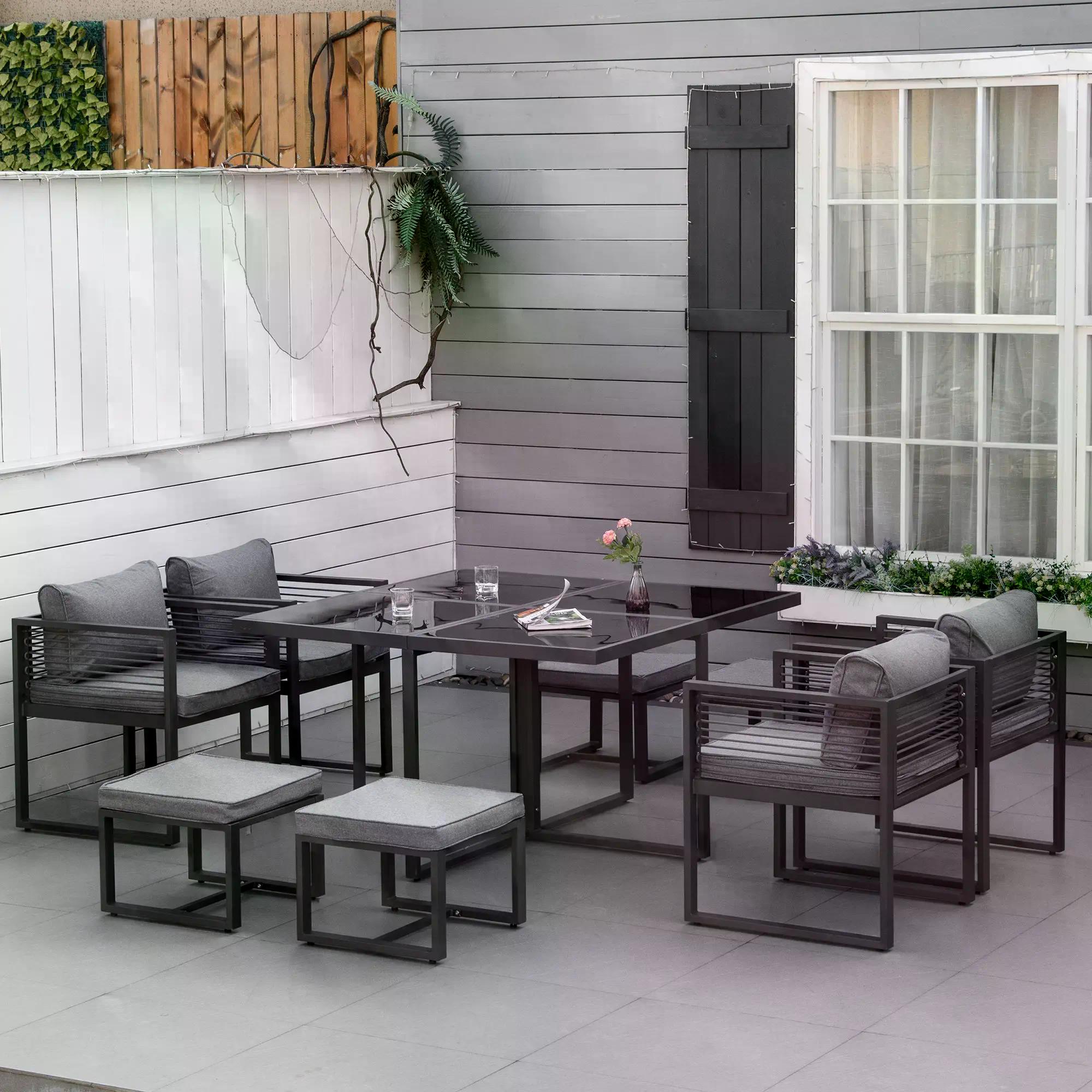 8 Seater Aluminium Garden Dining Cube Set with Table, 4 Chairs & 4 Footstools with Cushions - Grey