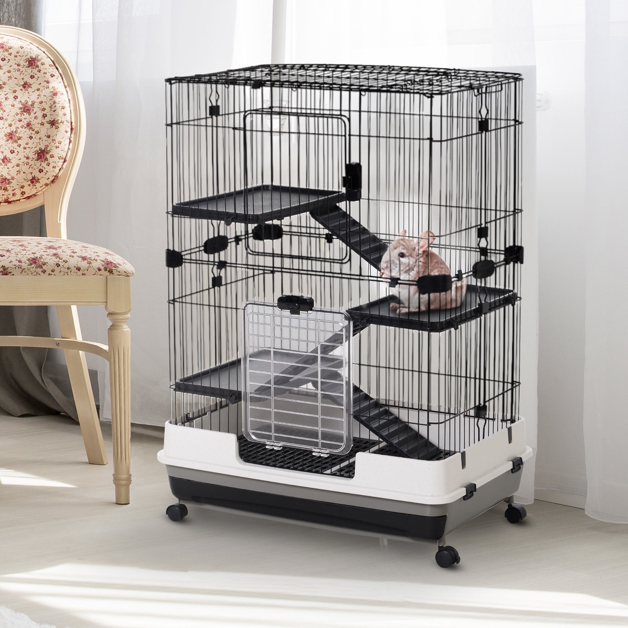 Small Guinea Pigs Hutch Pet Play House with Platform, Ramp & Removable Tray for Rabbits, Chinchillas - Black and White