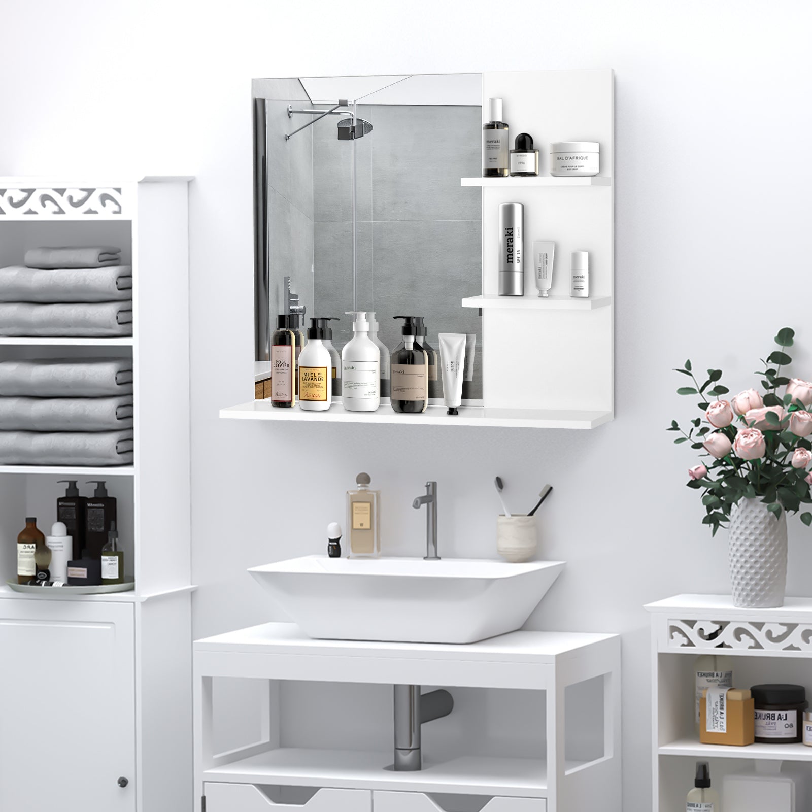 Modern Wall Mounted Bathroom Mirror with Three Tier Storage - White
