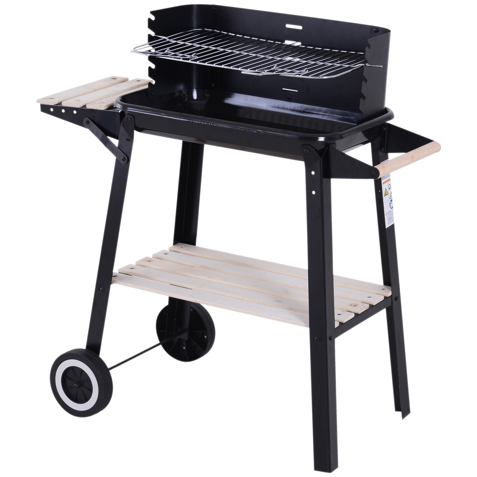 Charcoal BBQ Grill Trolley with Side Trays, Storage Shelf & Wheels - Black